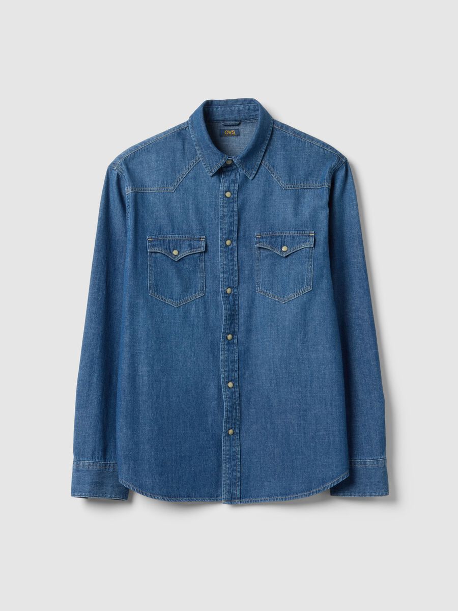 Blue denim regular fit pure cotton shirt with pockets_5
