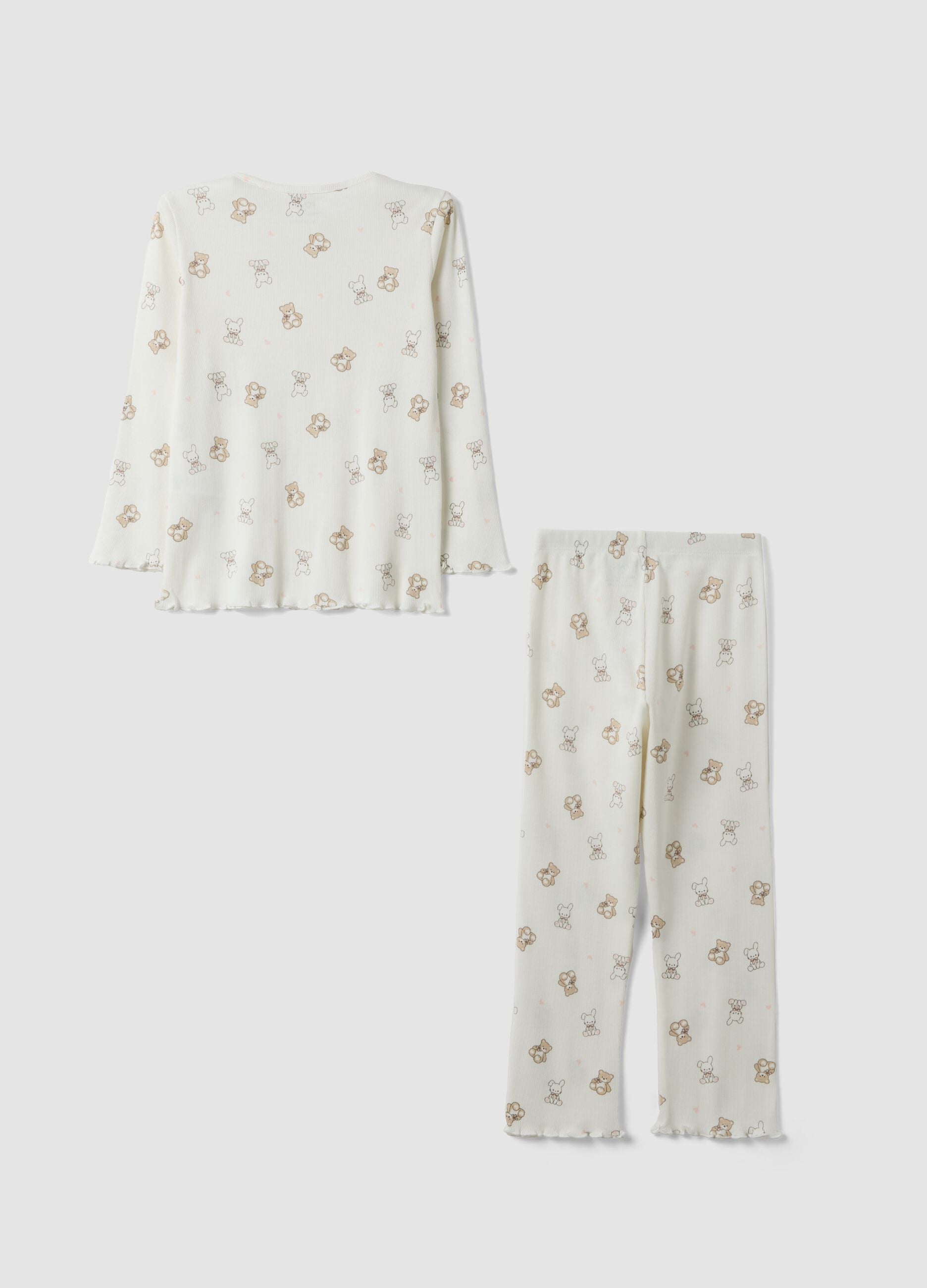White pure organic cotton ribbed pyjamas with teddy bears for girls