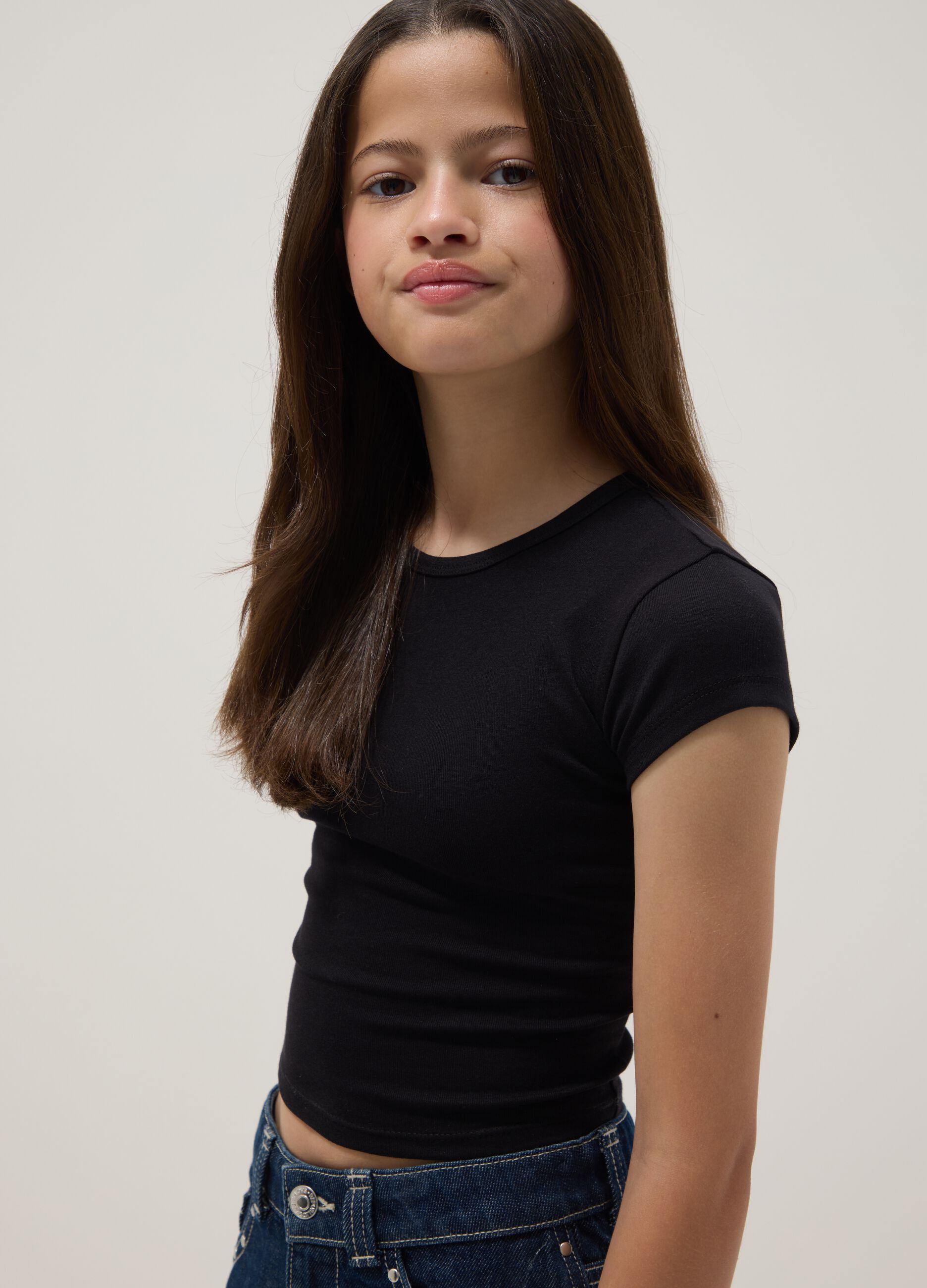 Girls&rsquo; black fitted stretch-cotton T-shirt