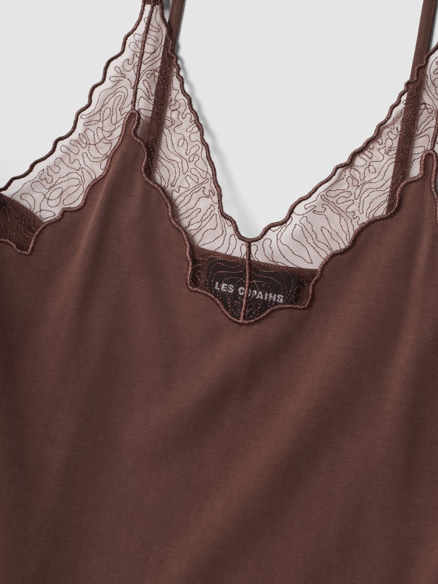 Brown stretch viscose tank top with lace and V-neckline_5