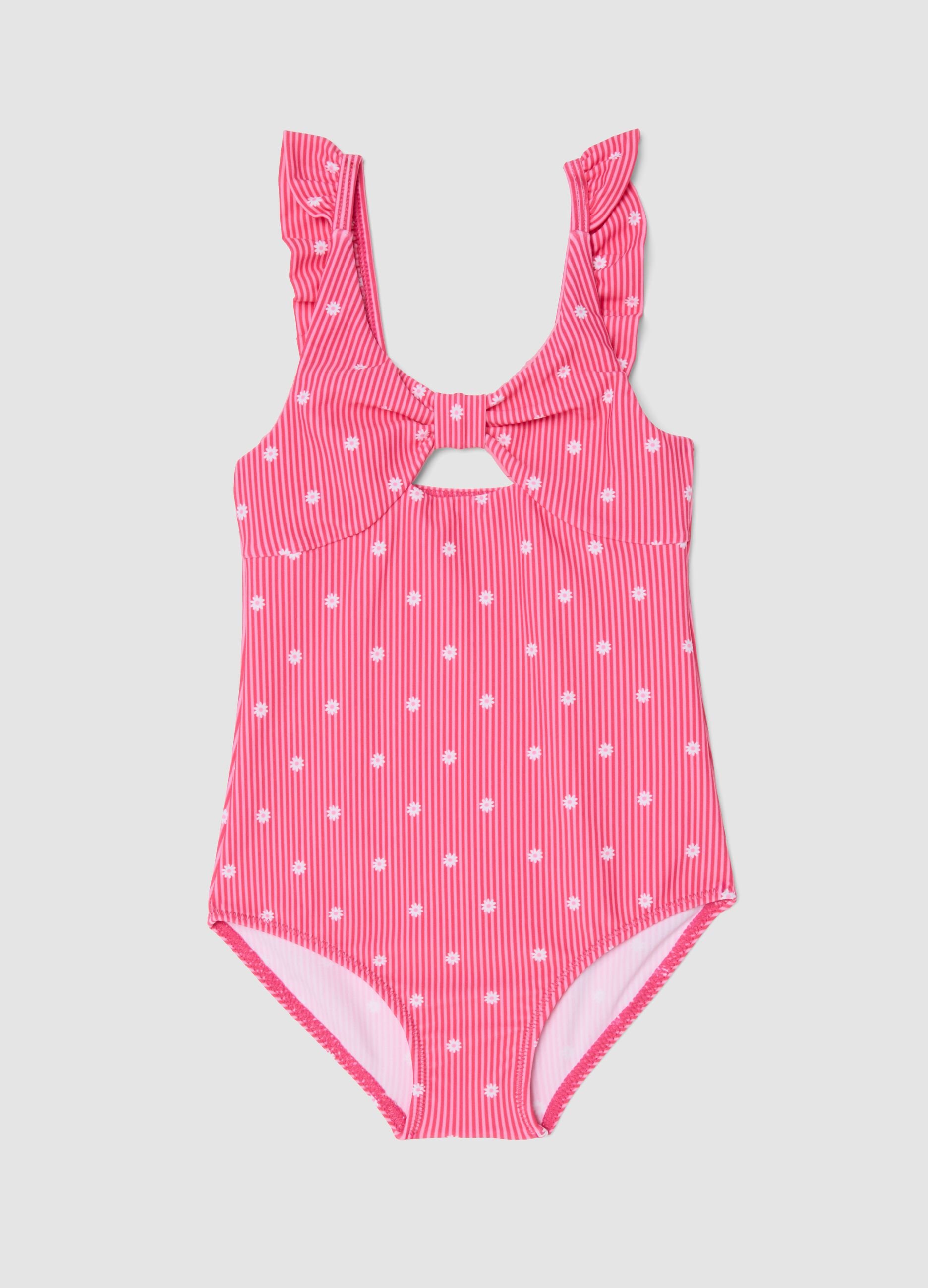 Pink striped stretch swimsuit with ruffle straps