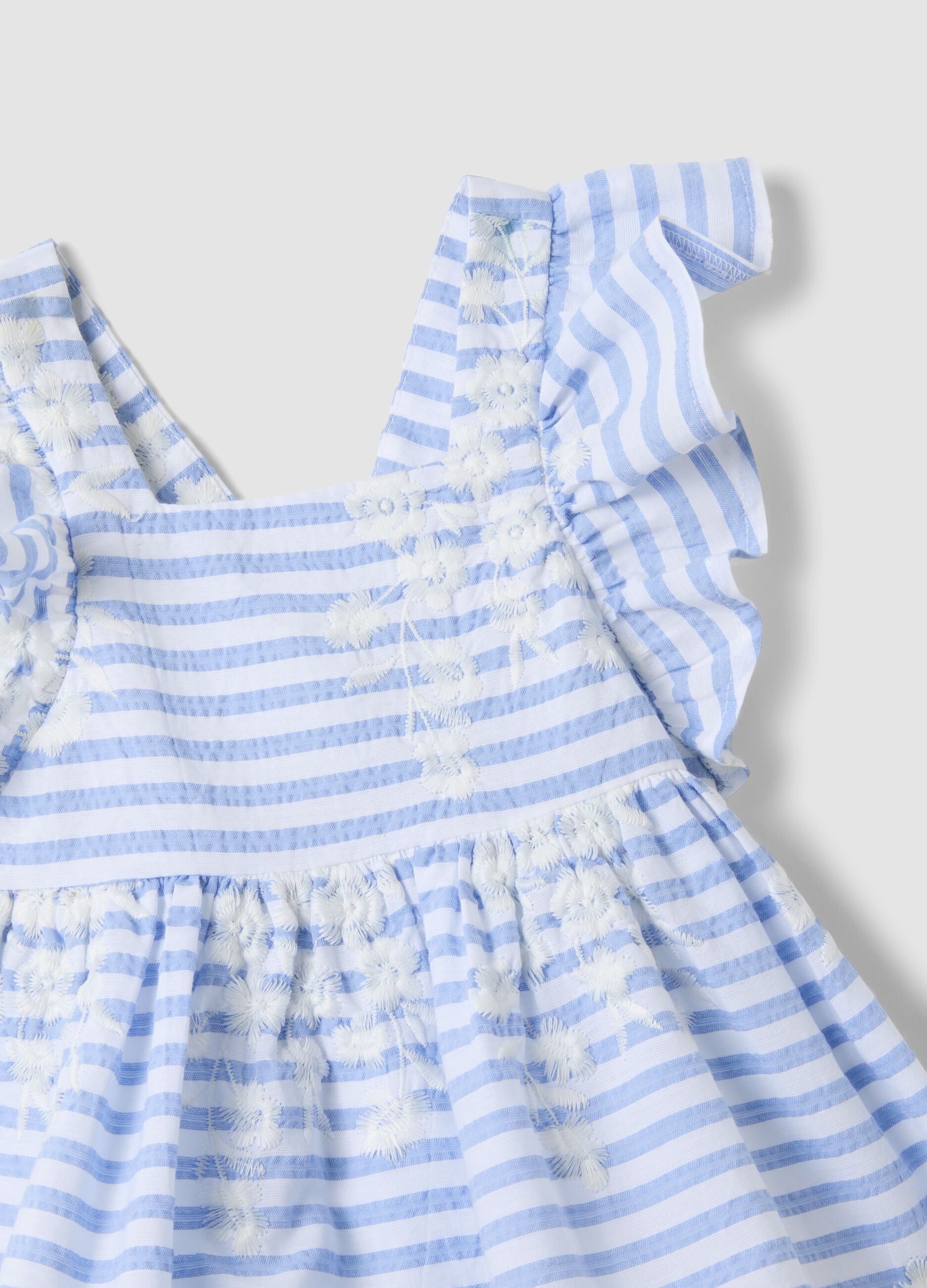 Multicoloured striped pure cotton dress with ruffles for baby girls, wide fit