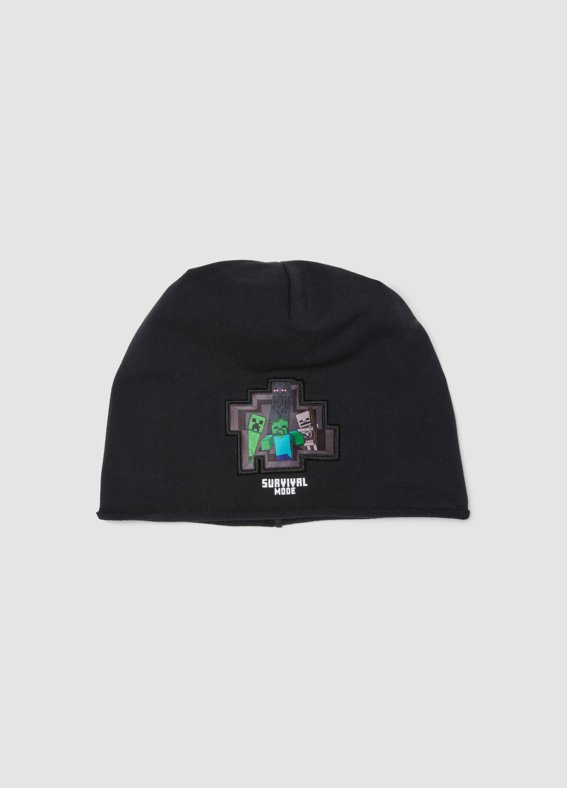 Black stretch cotton beanie hat with Minecraft embroidery for boys