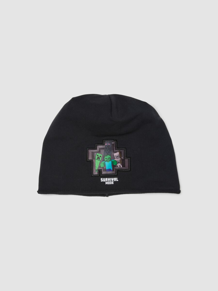 Black stretch cotton beanie hat with Minecraft embroidery for boys_0