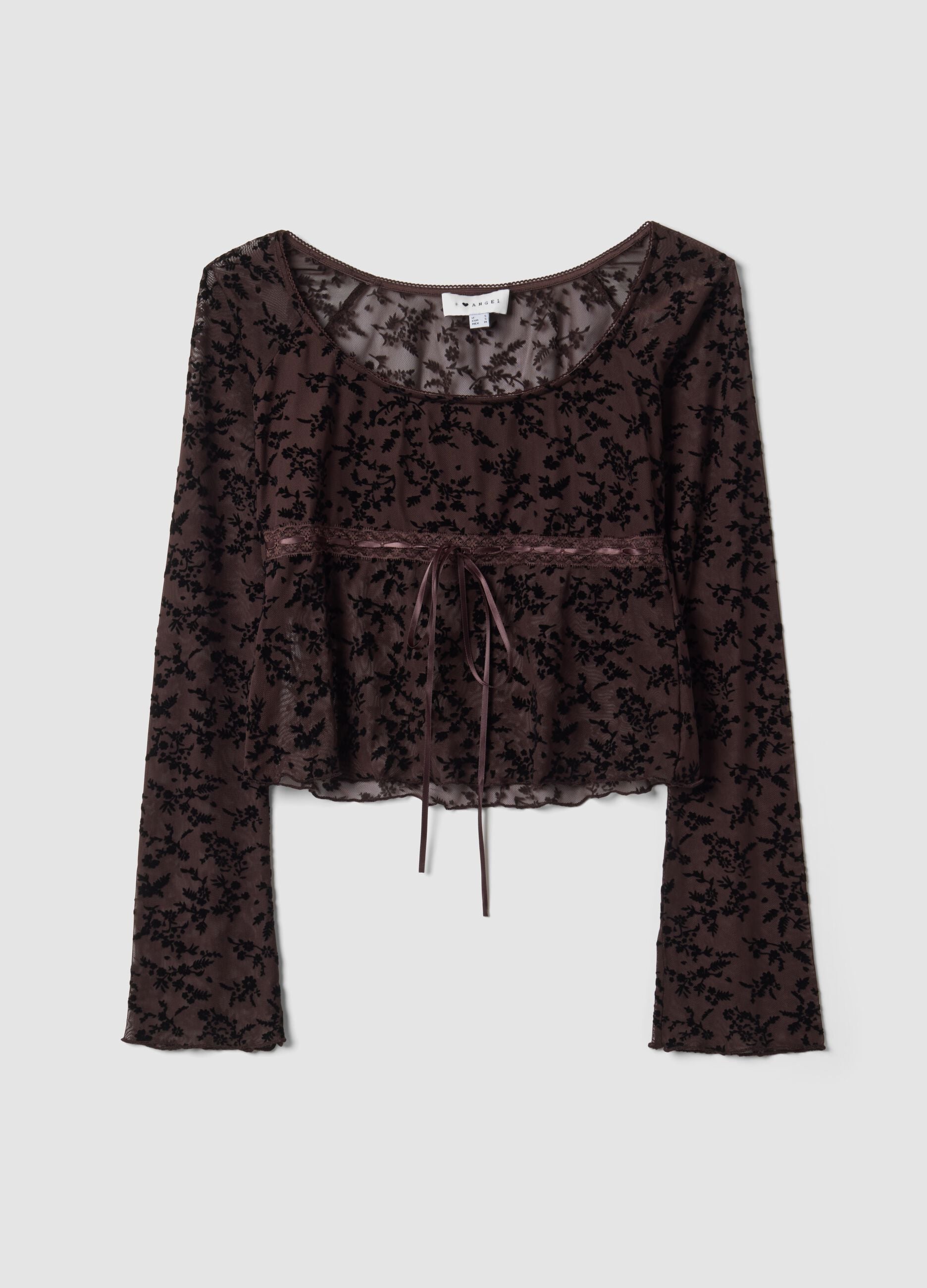 Brown stretch T-shirt with flocked floral print