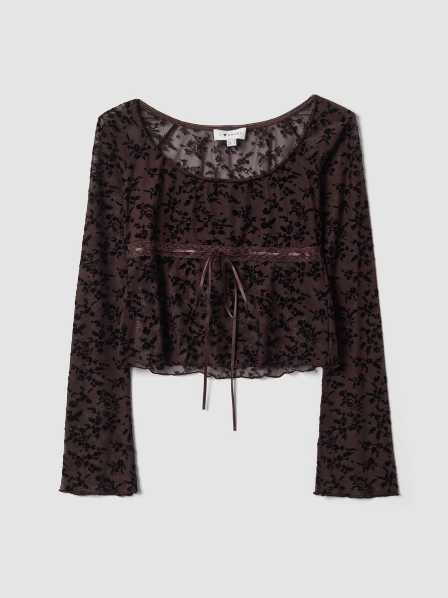 Brown stretch T-shirt with flocked floral print_4