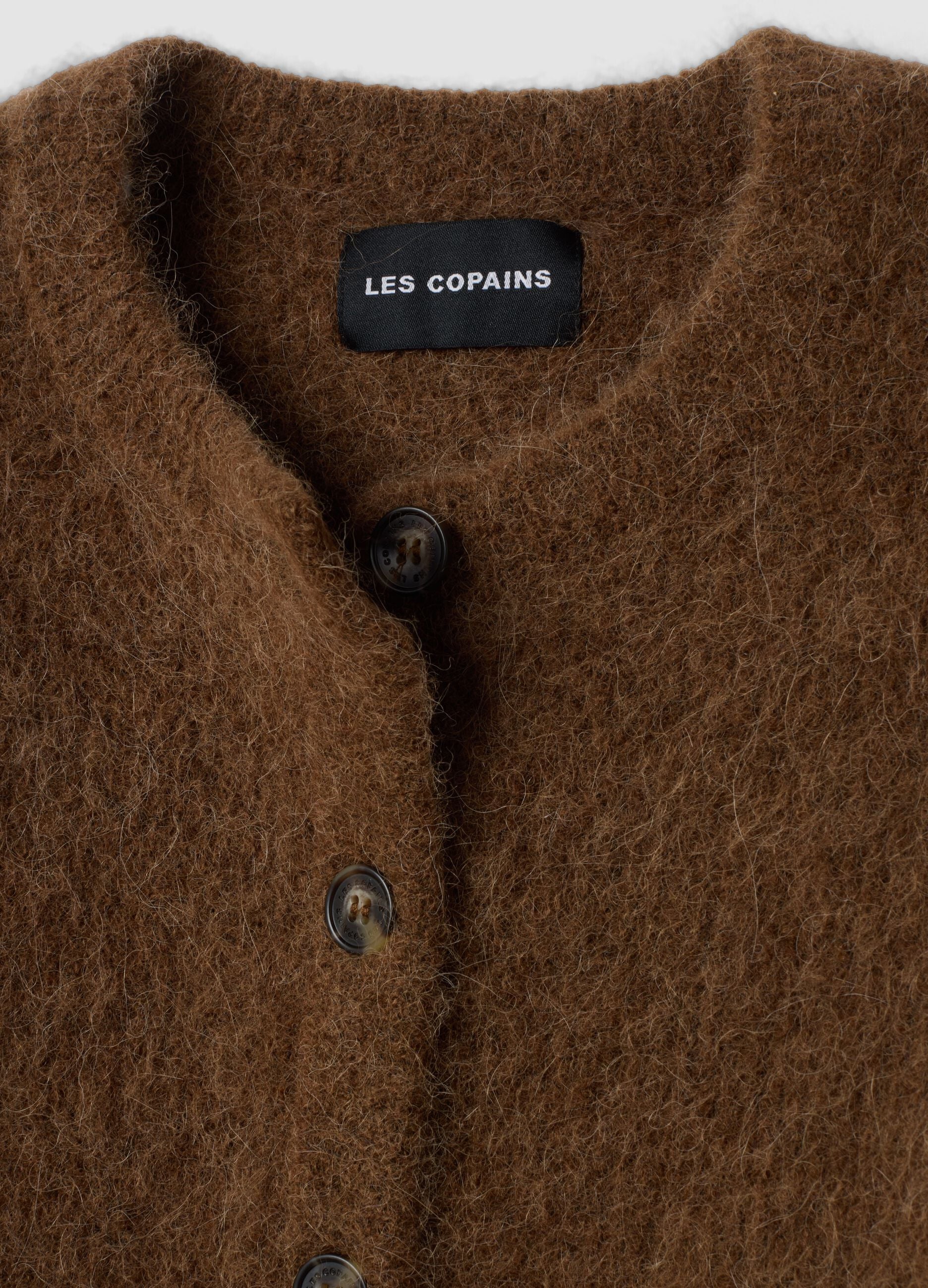 Brown crew-neck alpaca and stretch wool cardigan