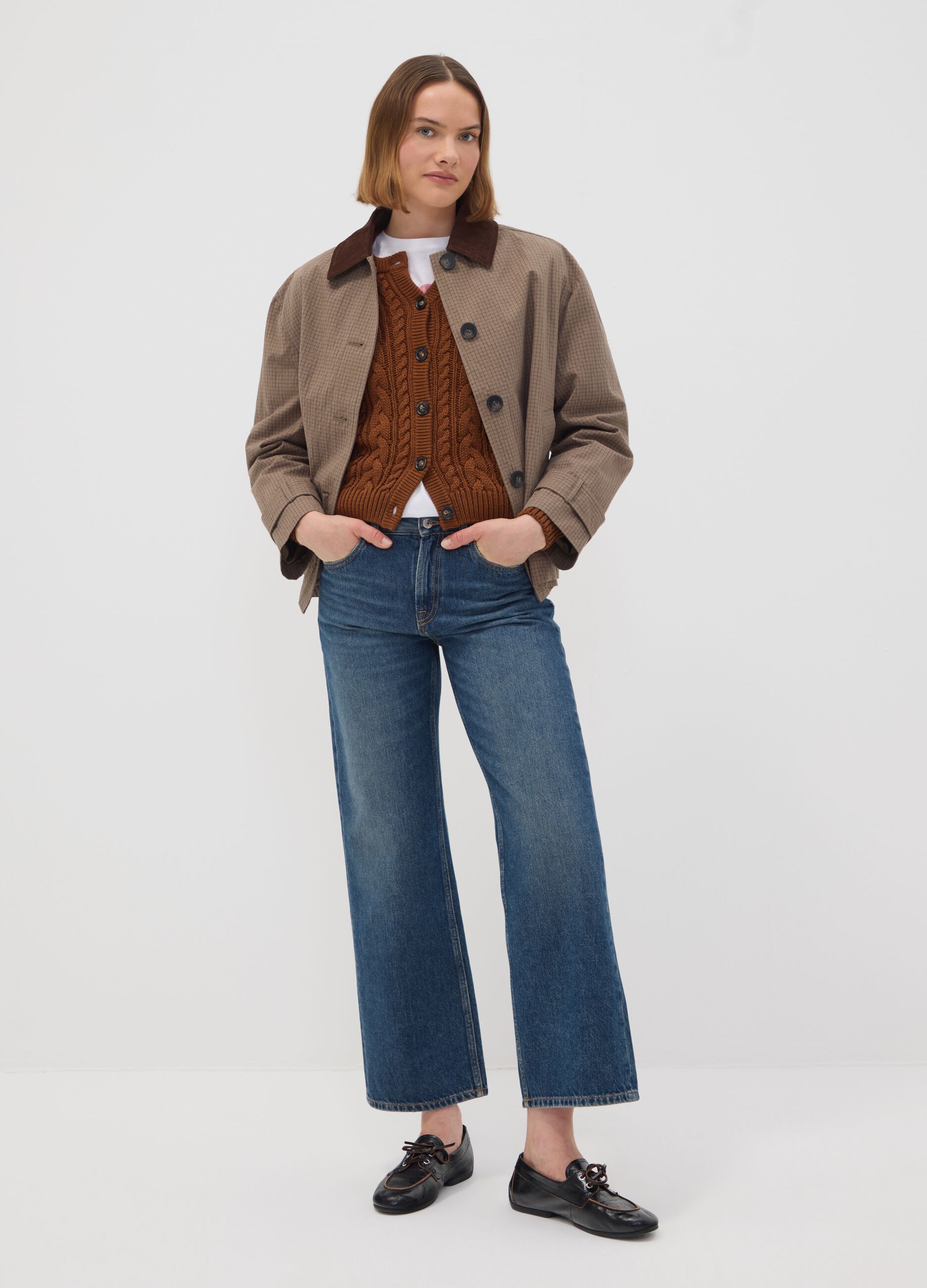 Brown cotton-blend jacket with contrast collar, regular fit