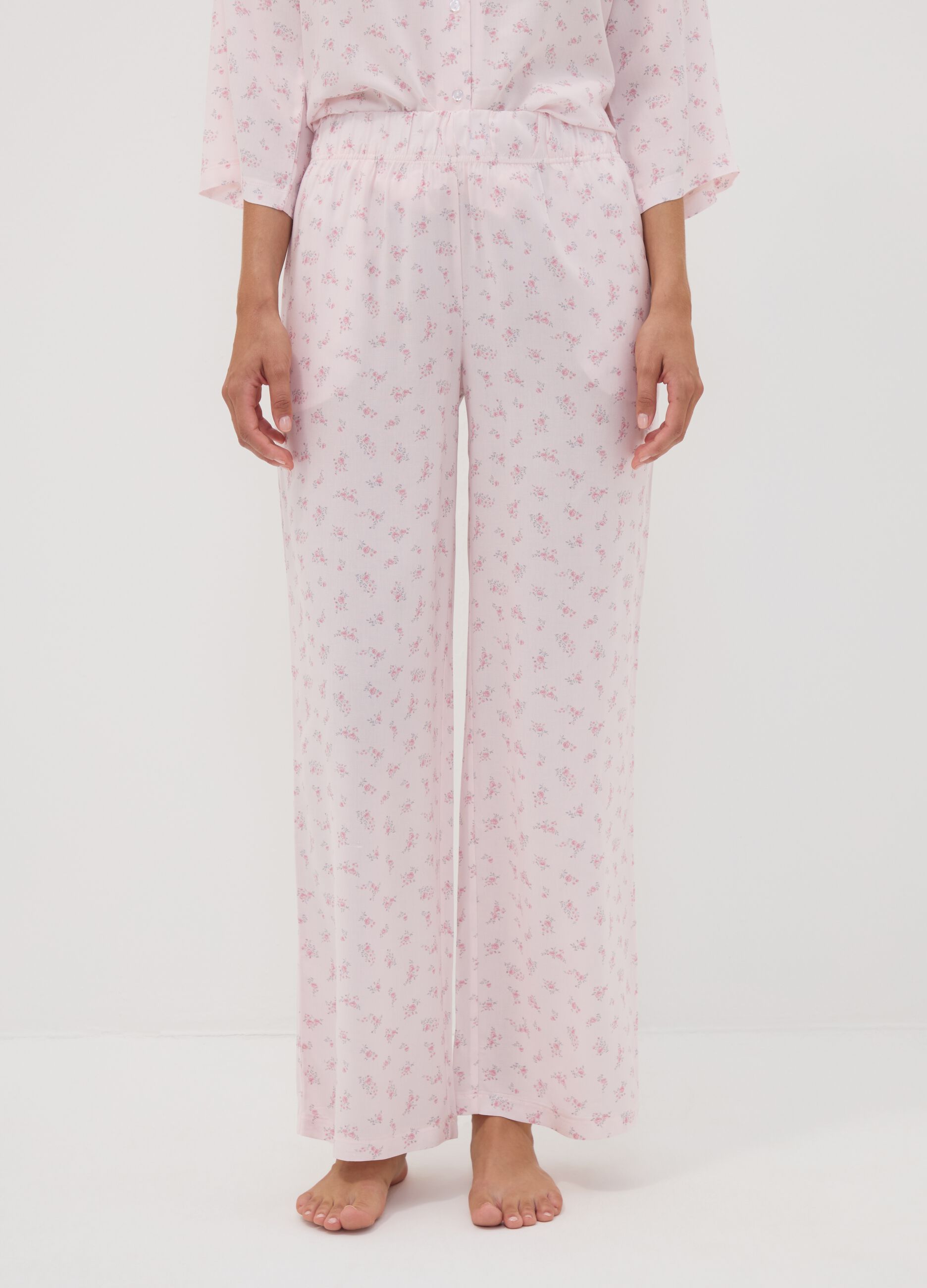 Rosa Pyjamahose aus reiner Viskose mit Blumenmuster