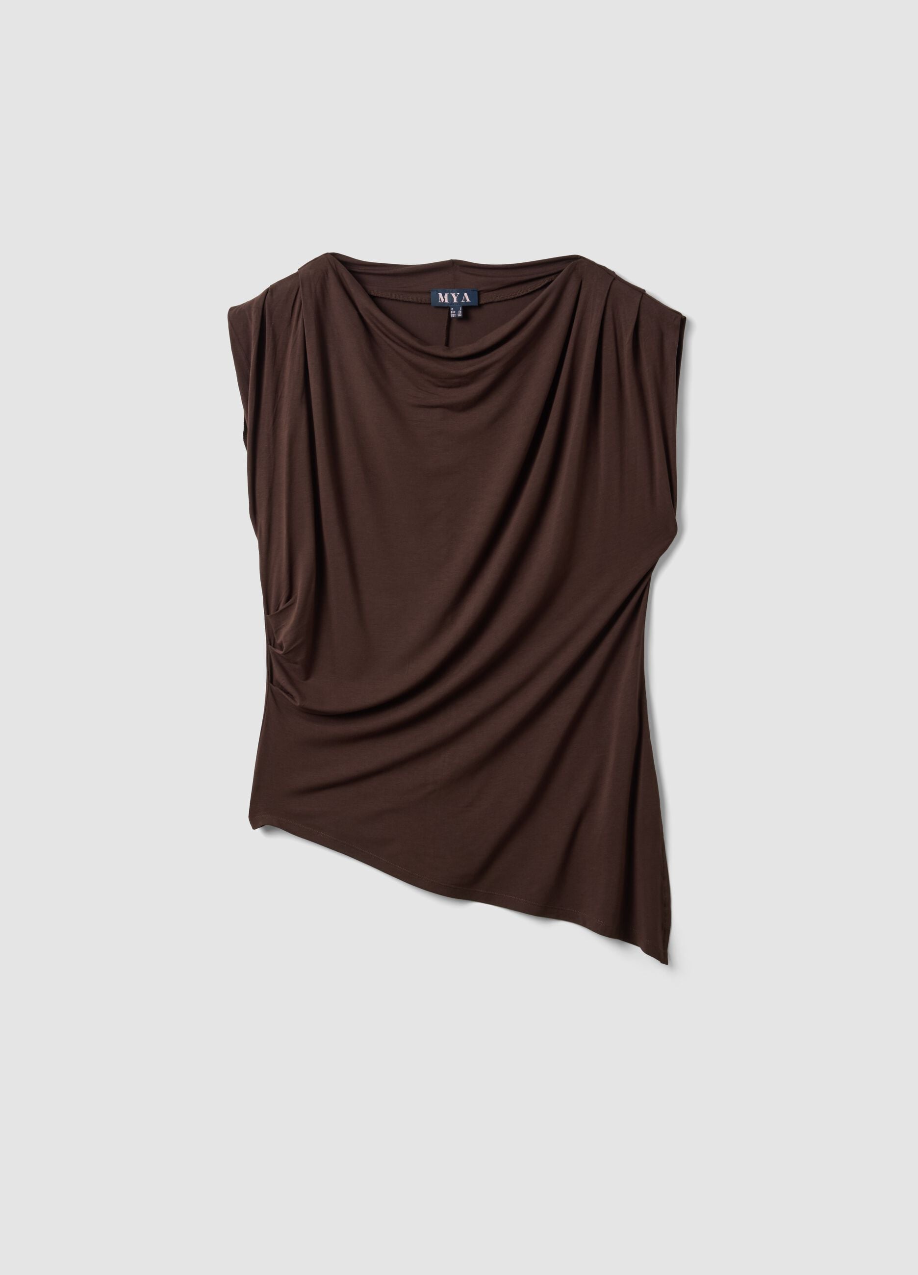 Braunes T-Shirt aus elastischer Viskose mit drapiertem Ausschnitt