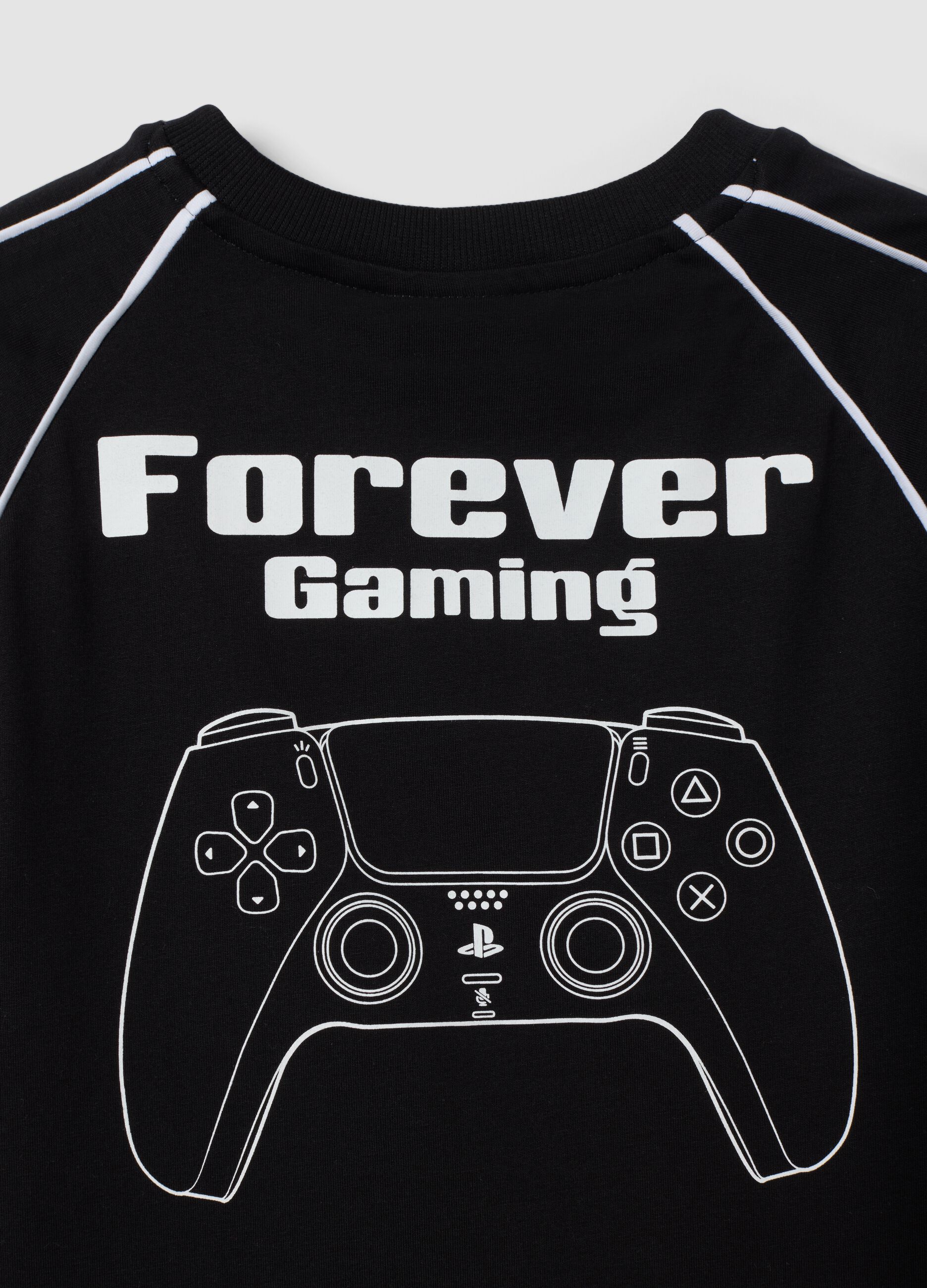 Black pure cotton crew-neck T-shirt with PlayStation print