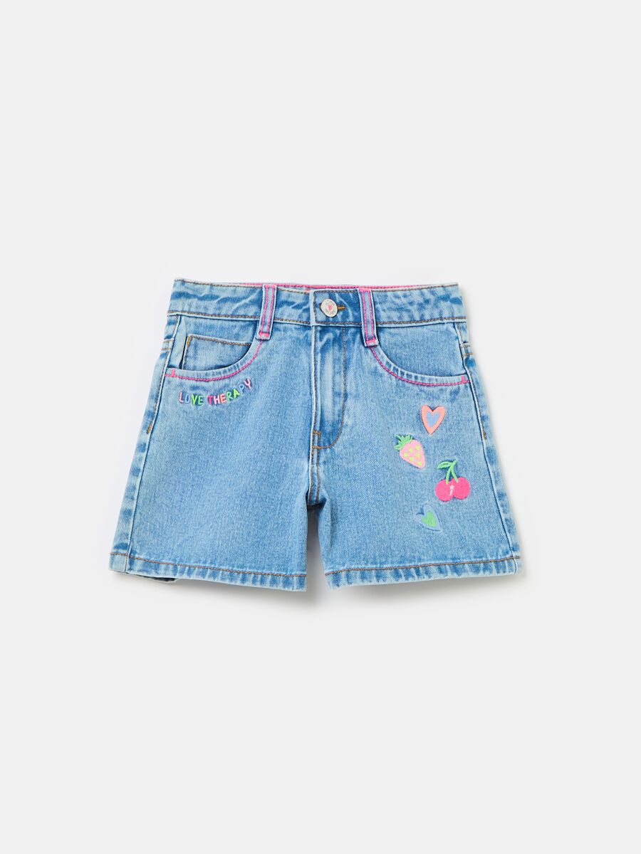 Denim shorts with five pockets and embroidery_0