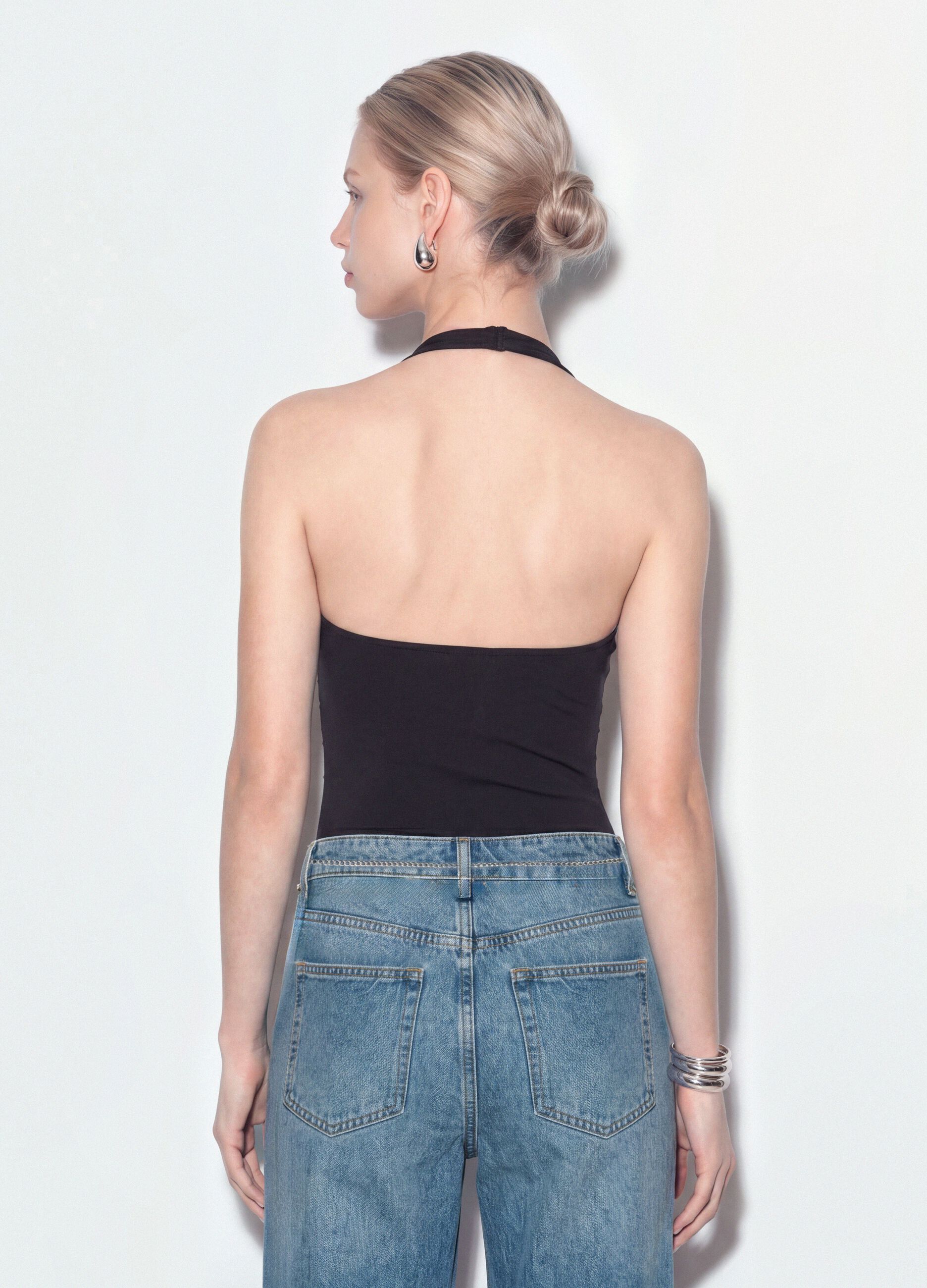 Black stretch bodysuit with rhinestones, regular fit