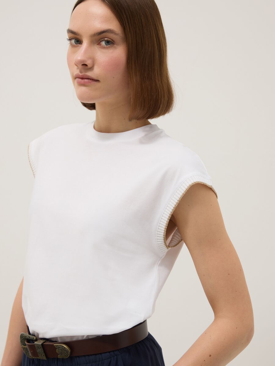 White sleeveless pure cotton T-shirt, regular fit_0