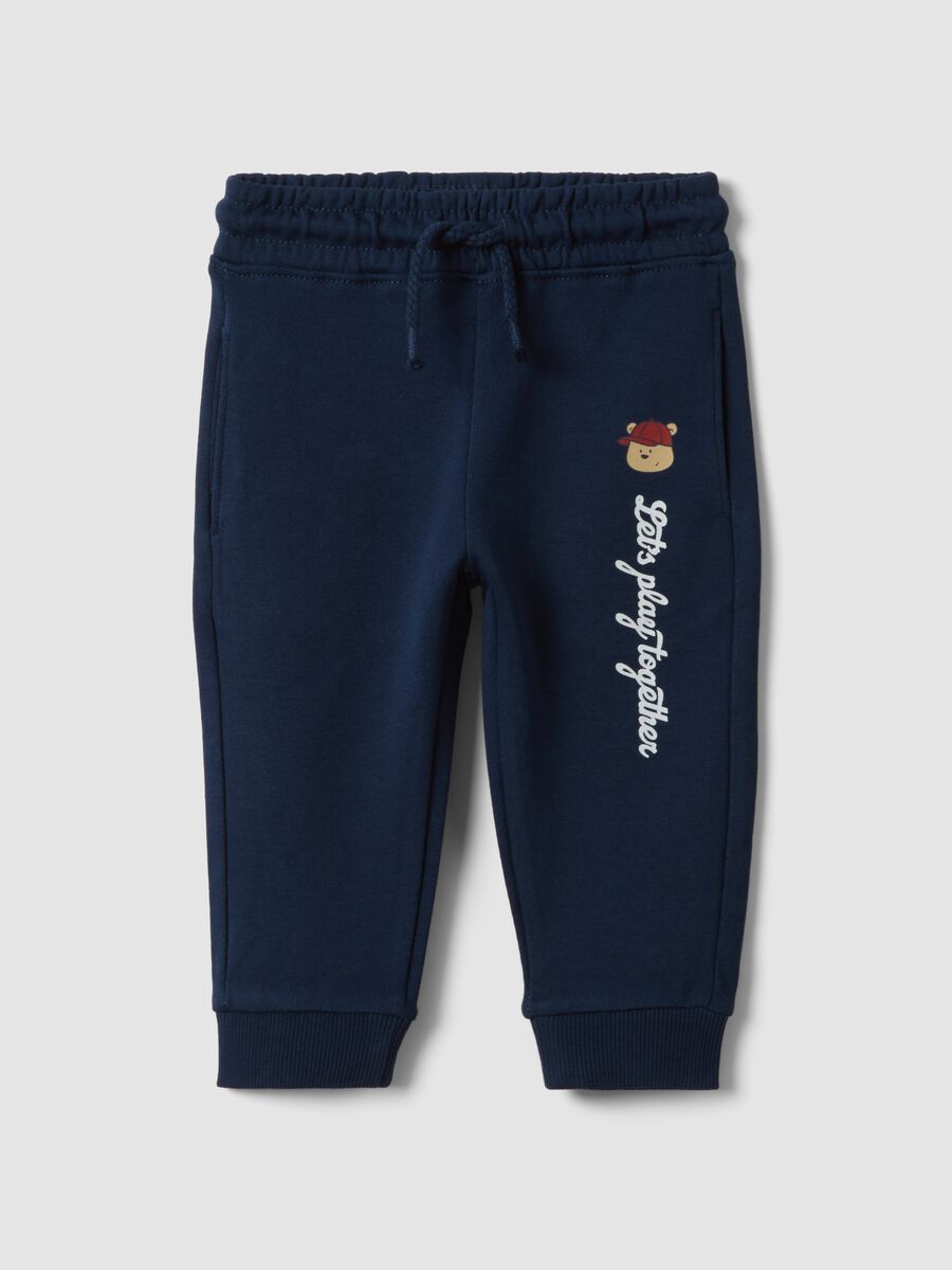 Blue pure cotton jogger trousers with teddy bear print_0