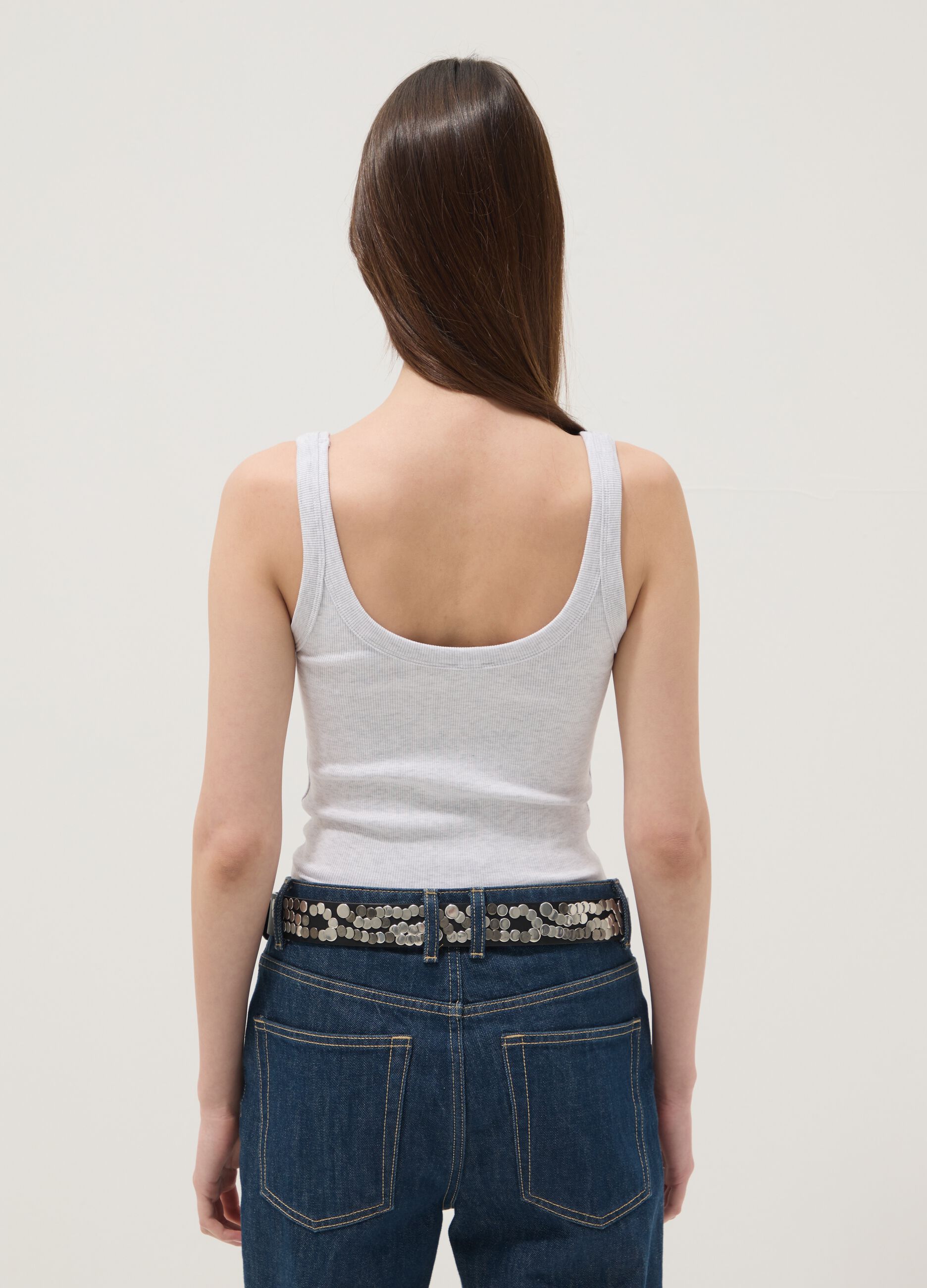 Grey ribbed stretch cotton bodysuit with wide neckline