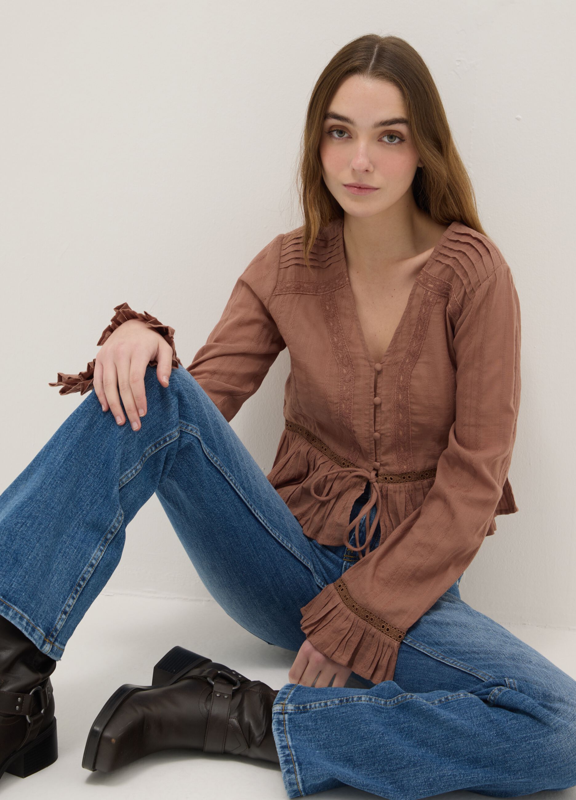 Brown pure cotton regular fit shirt with ruffles