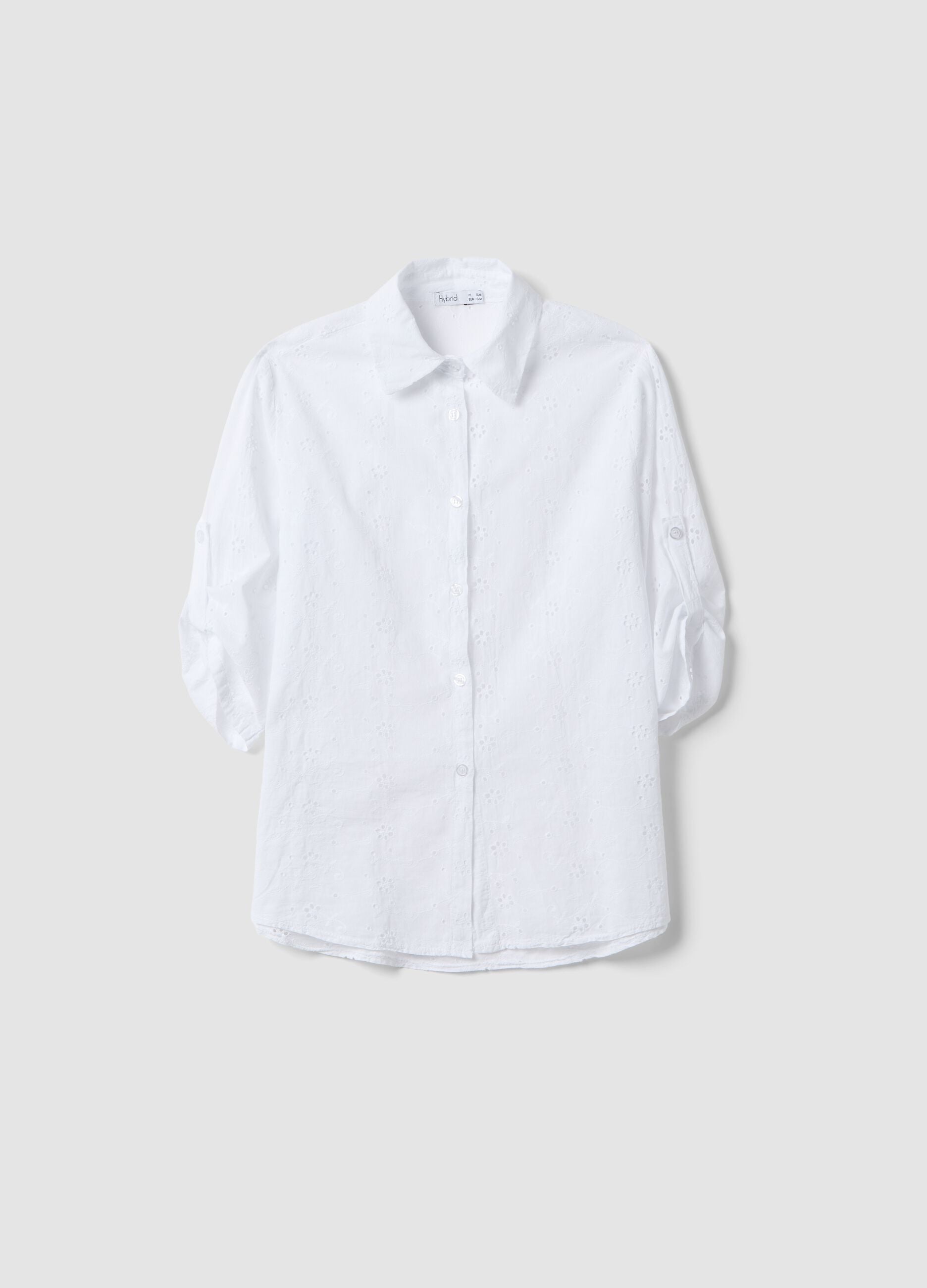 Chemise blanche en coton pur broderie anglaise, coupe regular