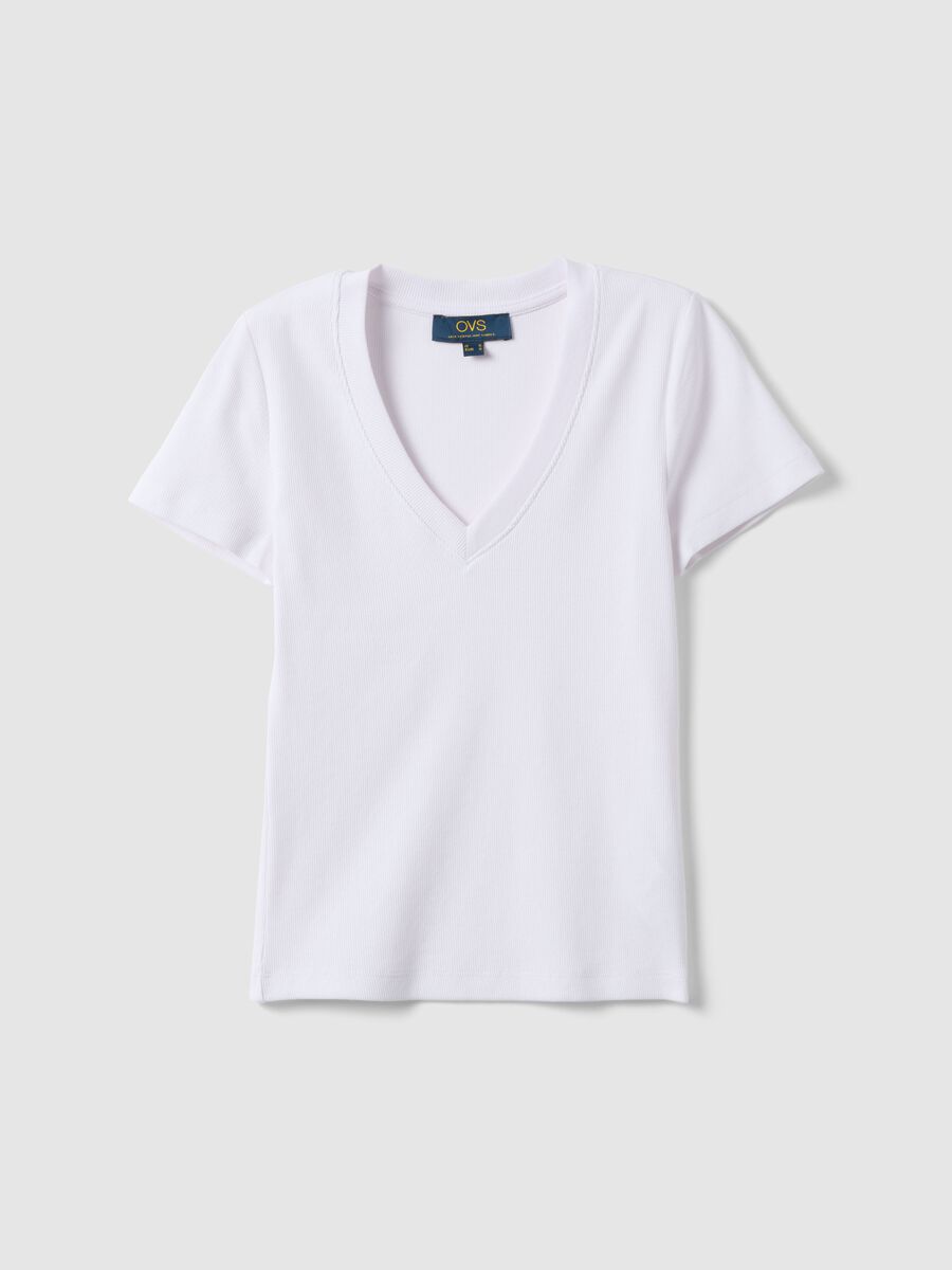 White regular fit deep V stretch cotton T-shirt_0