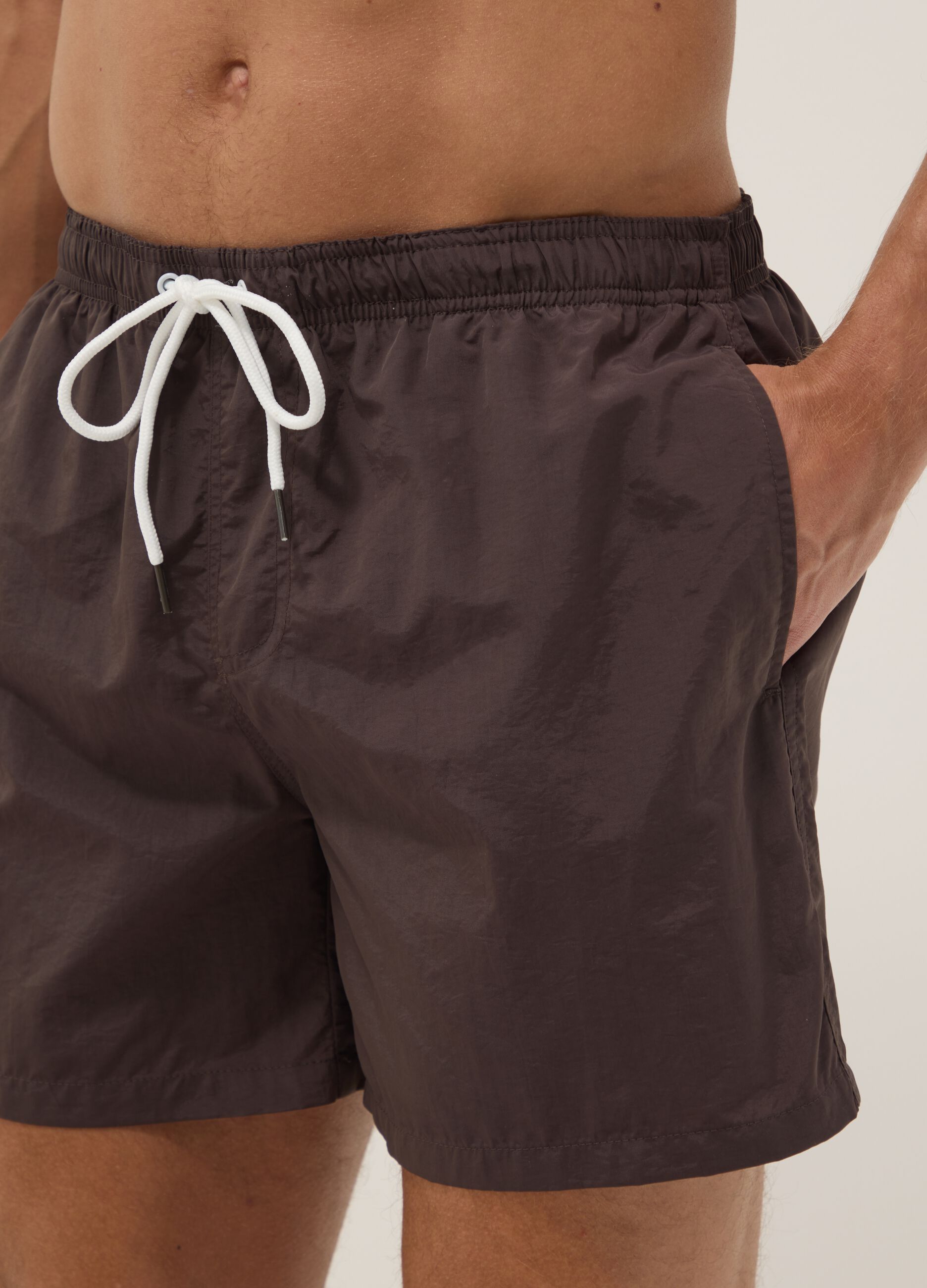 Brown regular-fit swim shorts with drawstring
