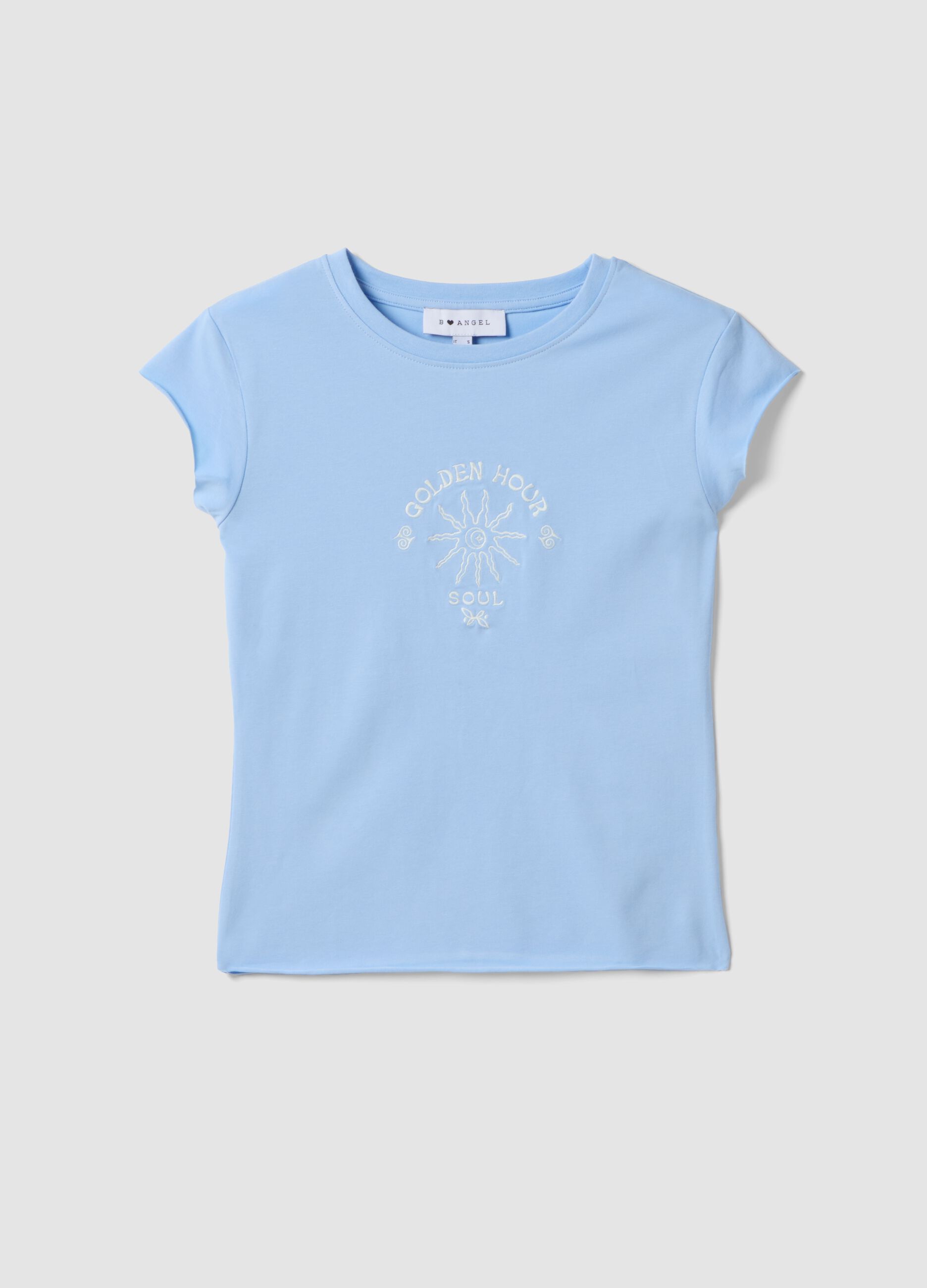 Blaue, figurbetonte T-Shirt aus Stretch-Baumwolle mit Print