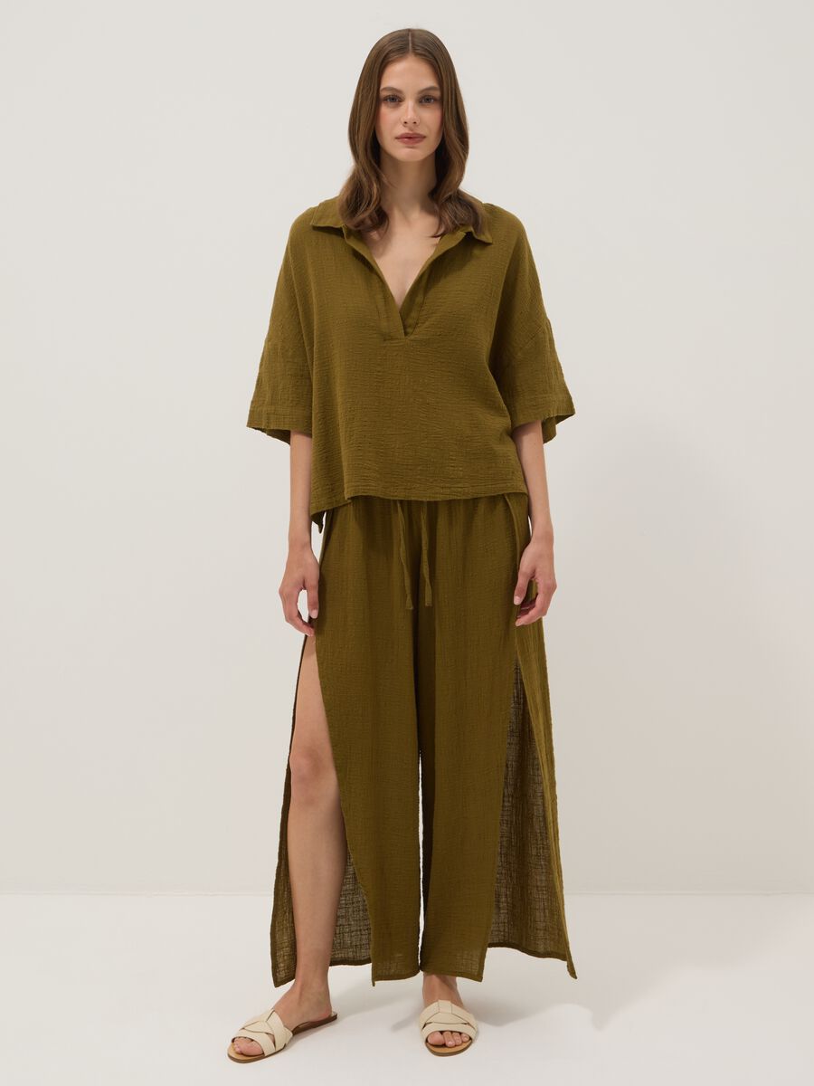Kurzer gr&uuml;ner Kaftan aus reiner Baumwolle mit V-Ausschnitt_0