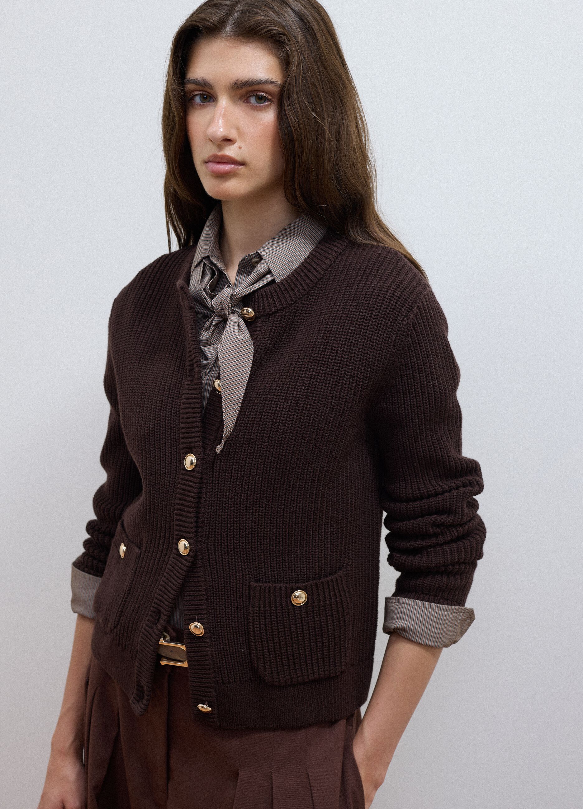 Brown pure cotton crew-neck knit cardigan