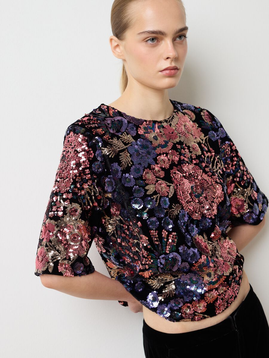 Multicoloured floral top regular fit with sequins_0
