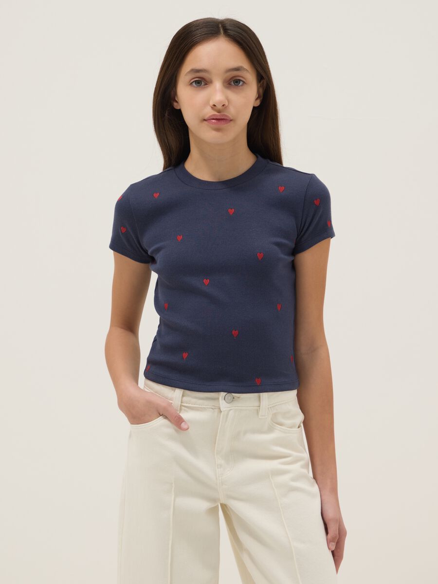 Blue cotton elasticated t-shirt for girls with heart embroidery_0