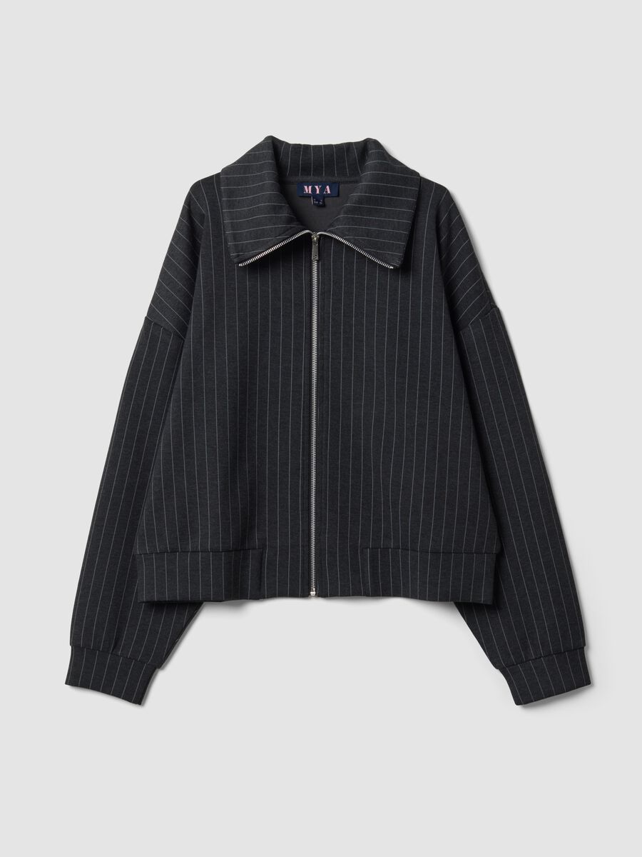 Graues Full-Zip-Sweatshirt aus elastischer Viskose mit Nadelstreifen und Kragen_0