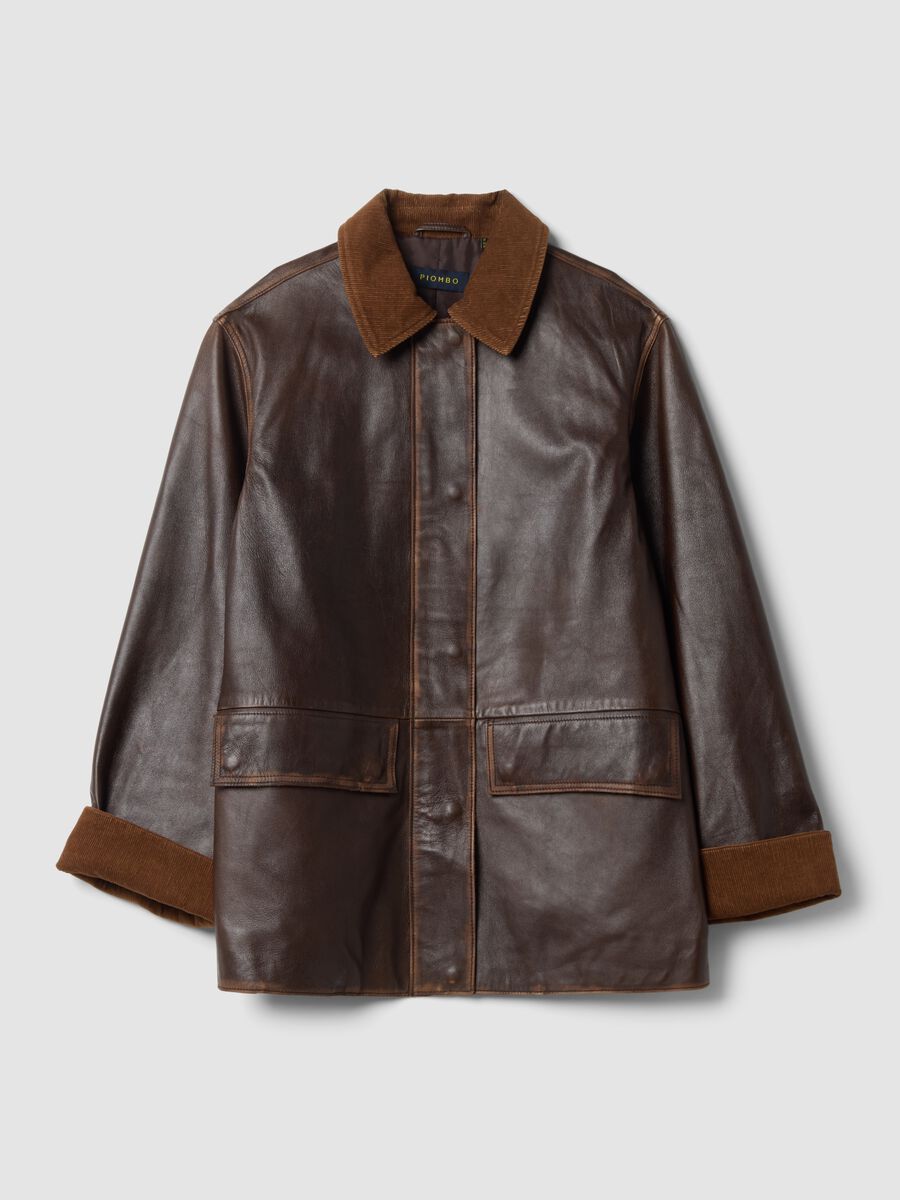 Brown genuine leather jacket with corduroy collar, regular fit_0