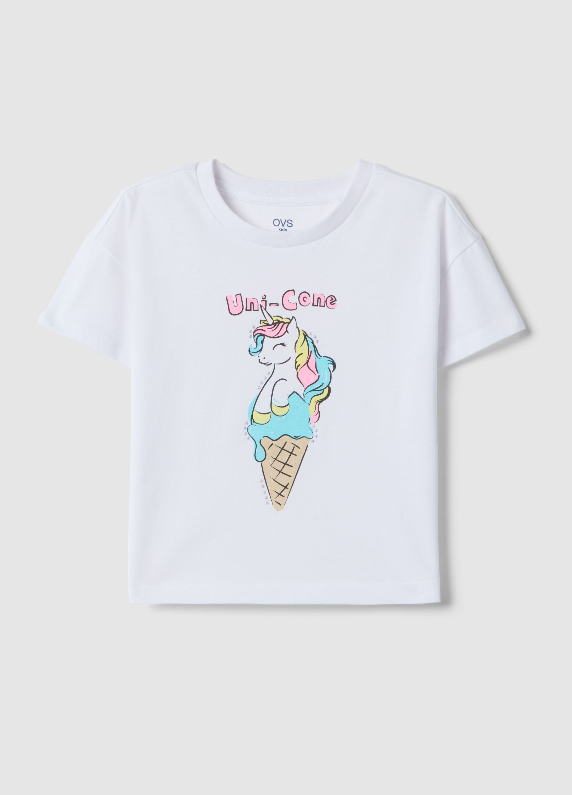 White pure cotton girls' t-shirt regular fit with ice cream