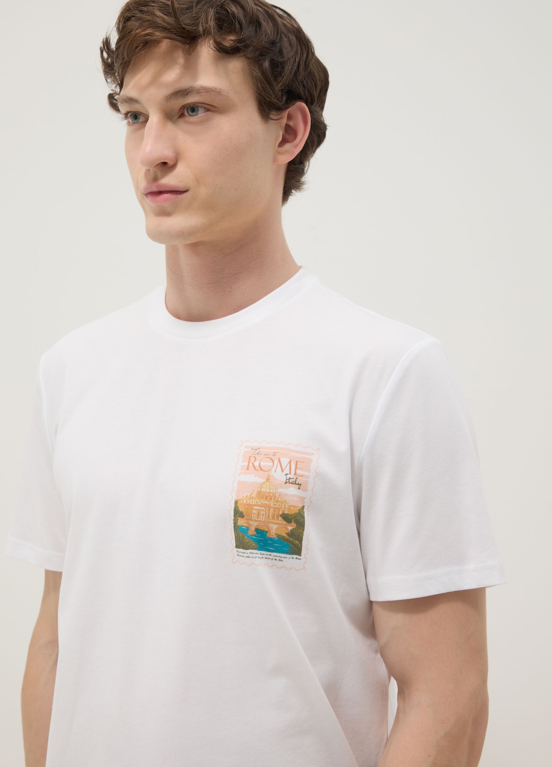Wei&szlig;es T-Shirt aus reiner Baumwolle mit aufgesetztem Print, Regular Fit