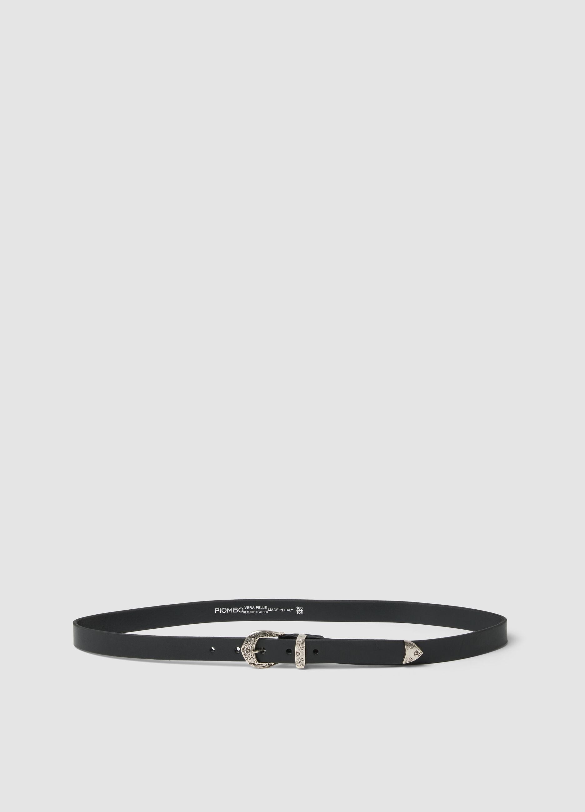 Black genuine leather belt with engraved buckle