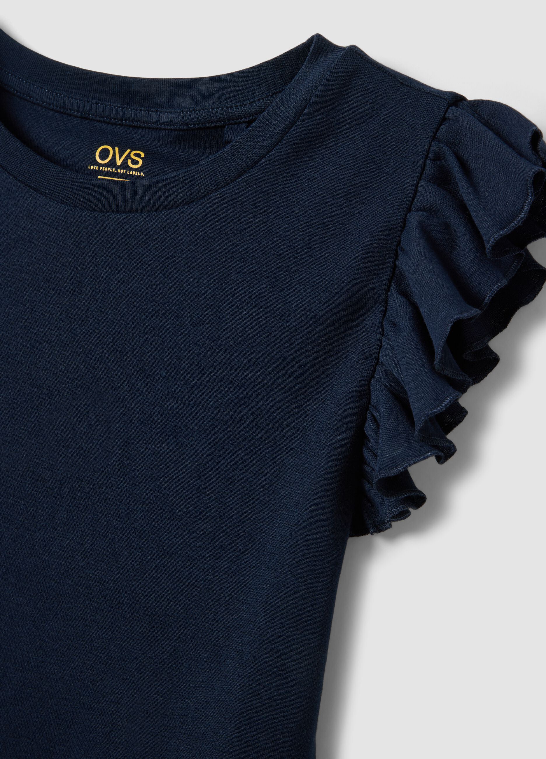 Slim fit blue pure cotton T-shirt with ruffles