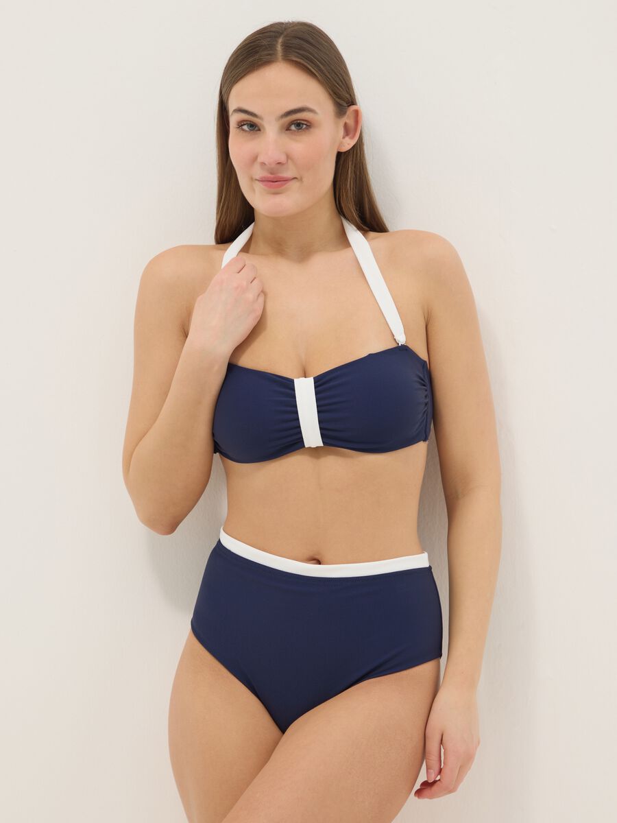 Blue and white bandeau bikini top in stretch fabric_1