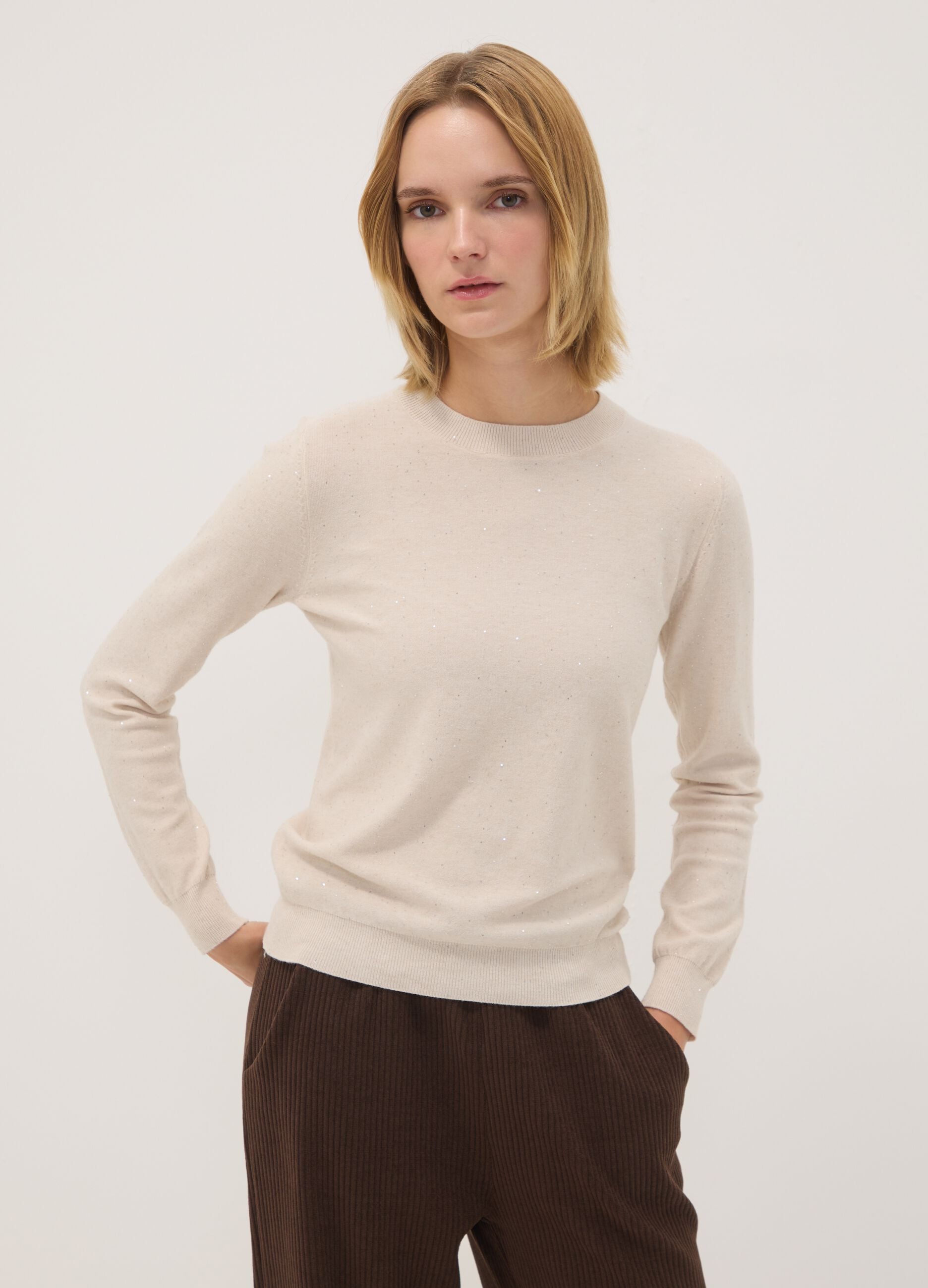Camel viscose-blend jumper with sequins, regular fit