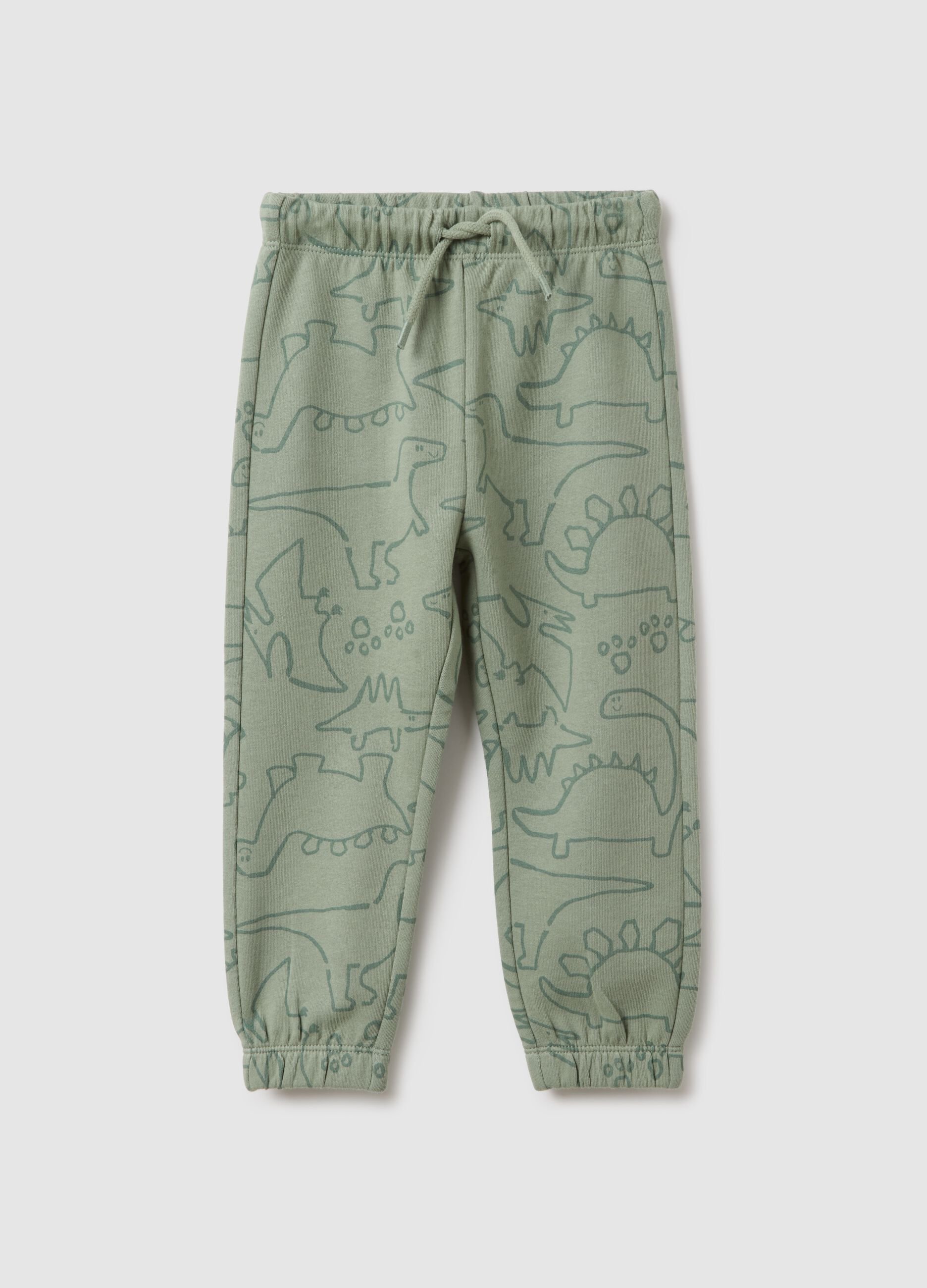 Green pure cotton children's trousers regular fit with prints