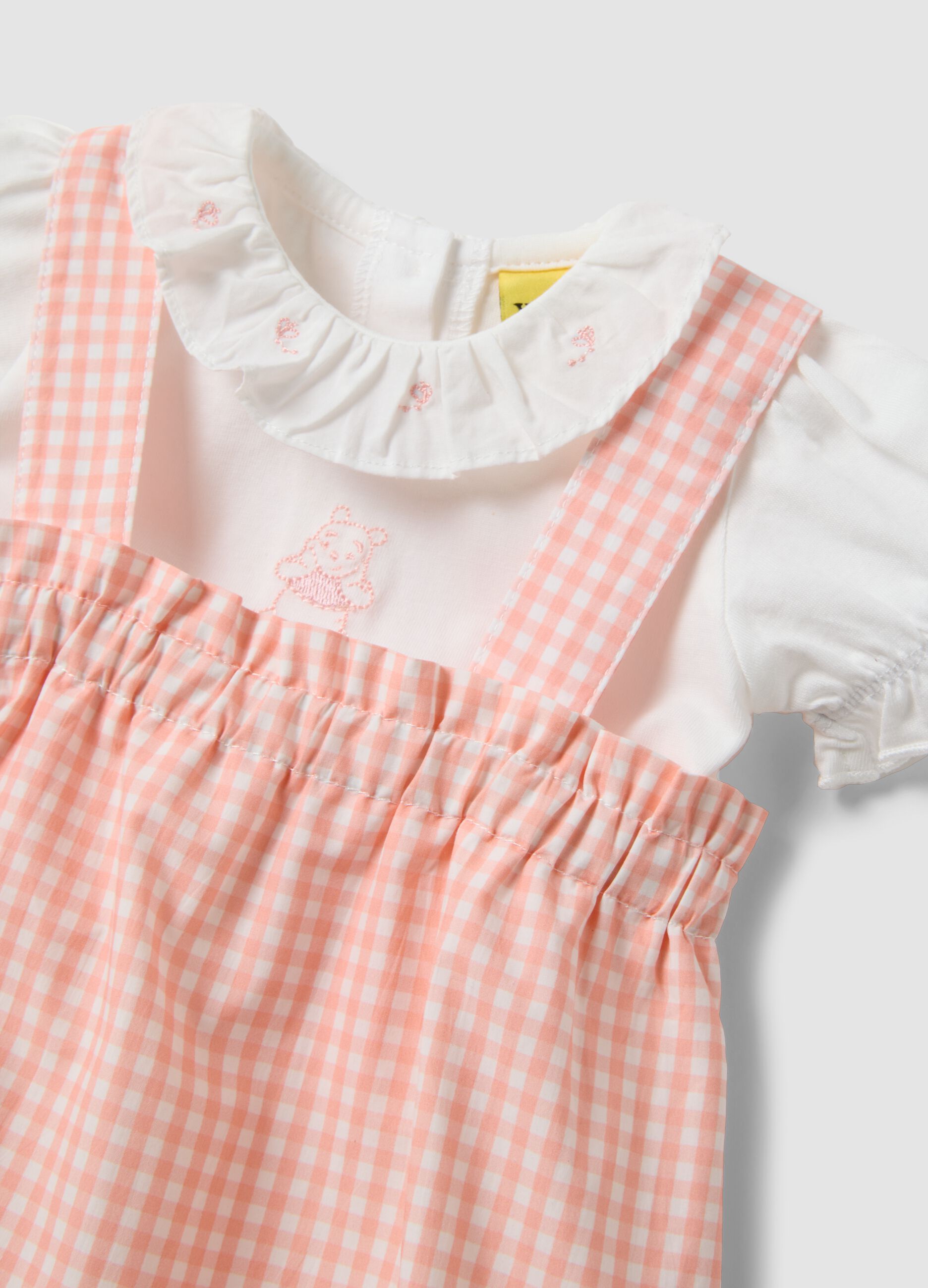 Pink and white organic cotton set with gingham romper