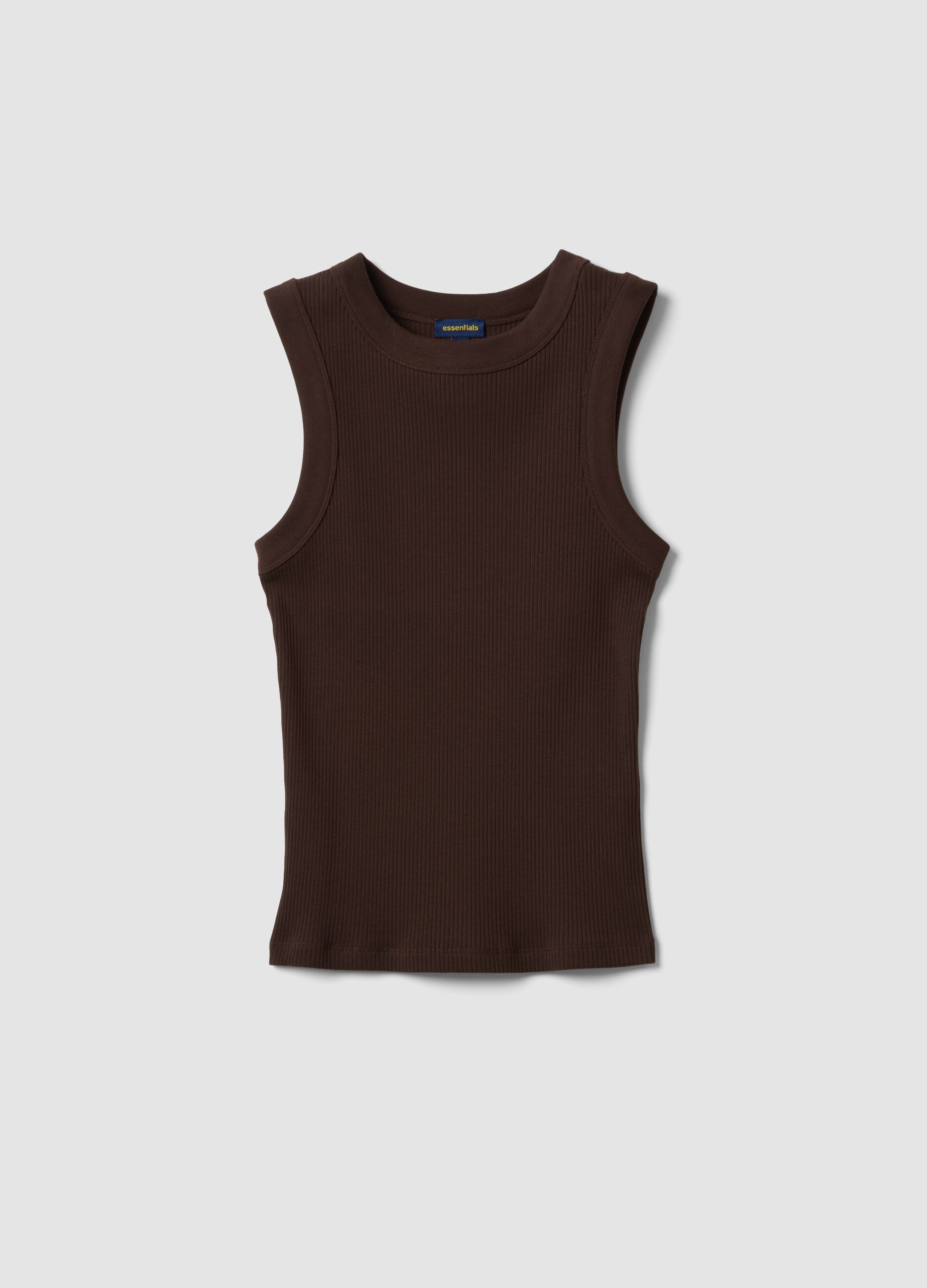 Tank top marrone in cotone elasticizzato a costine fitted