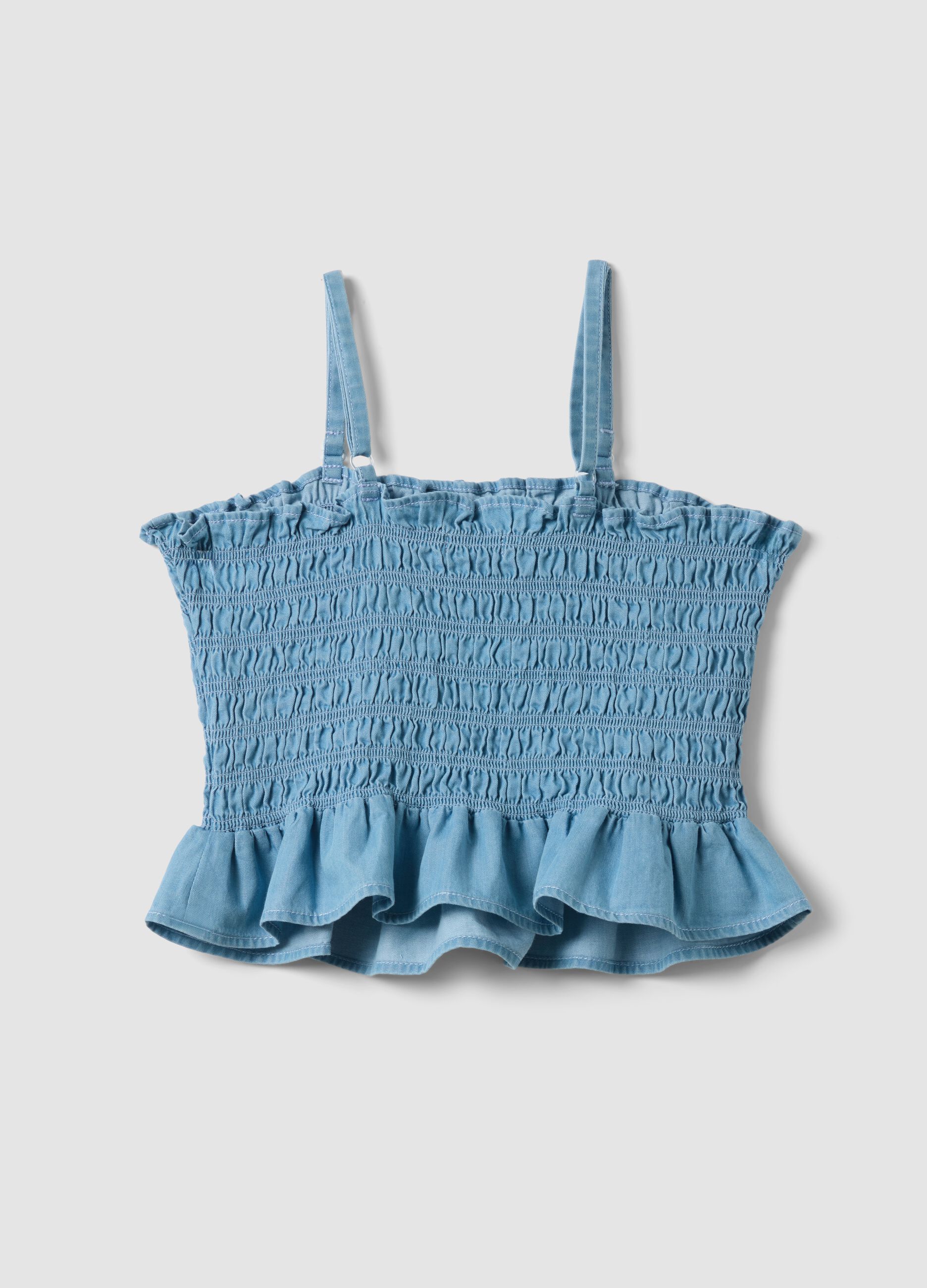 Sky-blue pure cotton top with ruching