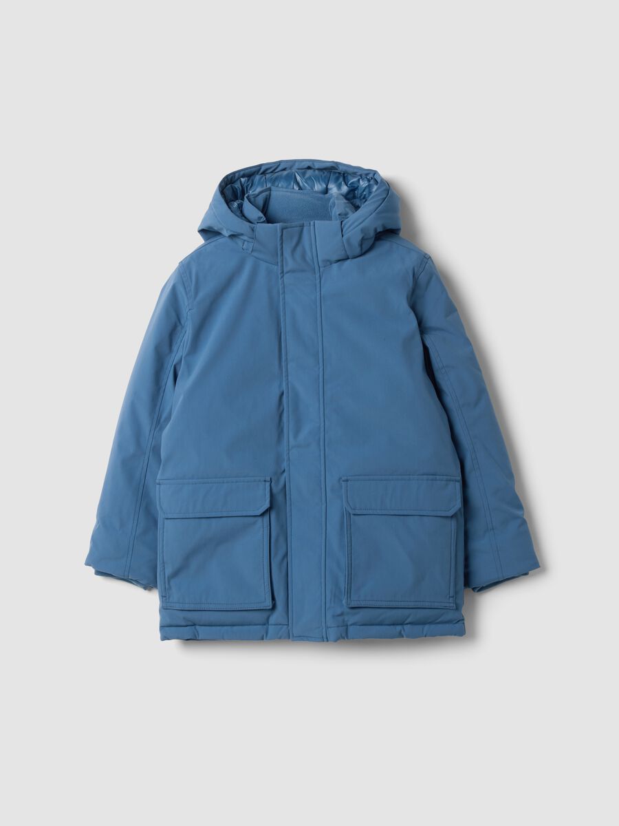 Long padded blue parka with detachable hood, oversized fit_0
