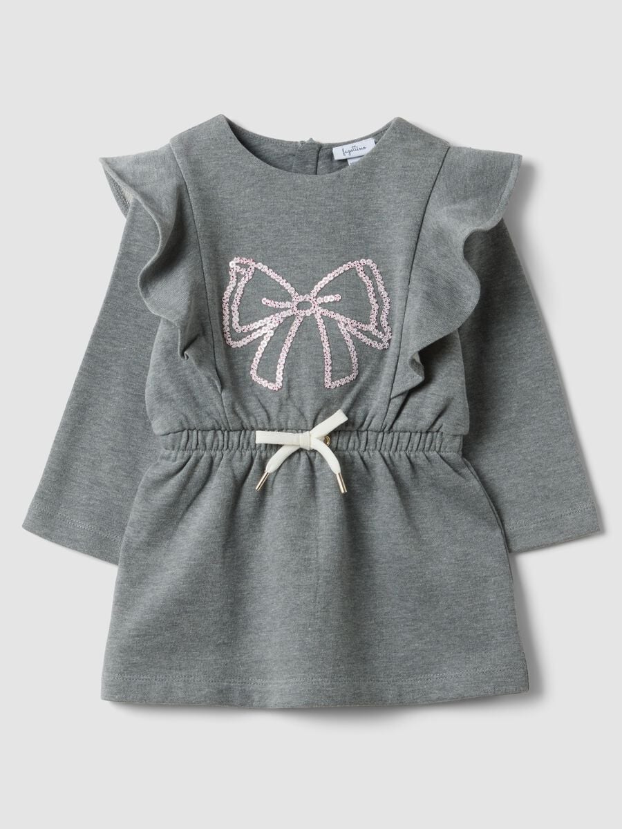 Grey cotton-blend dress with ruffles and bow for baby girl_0