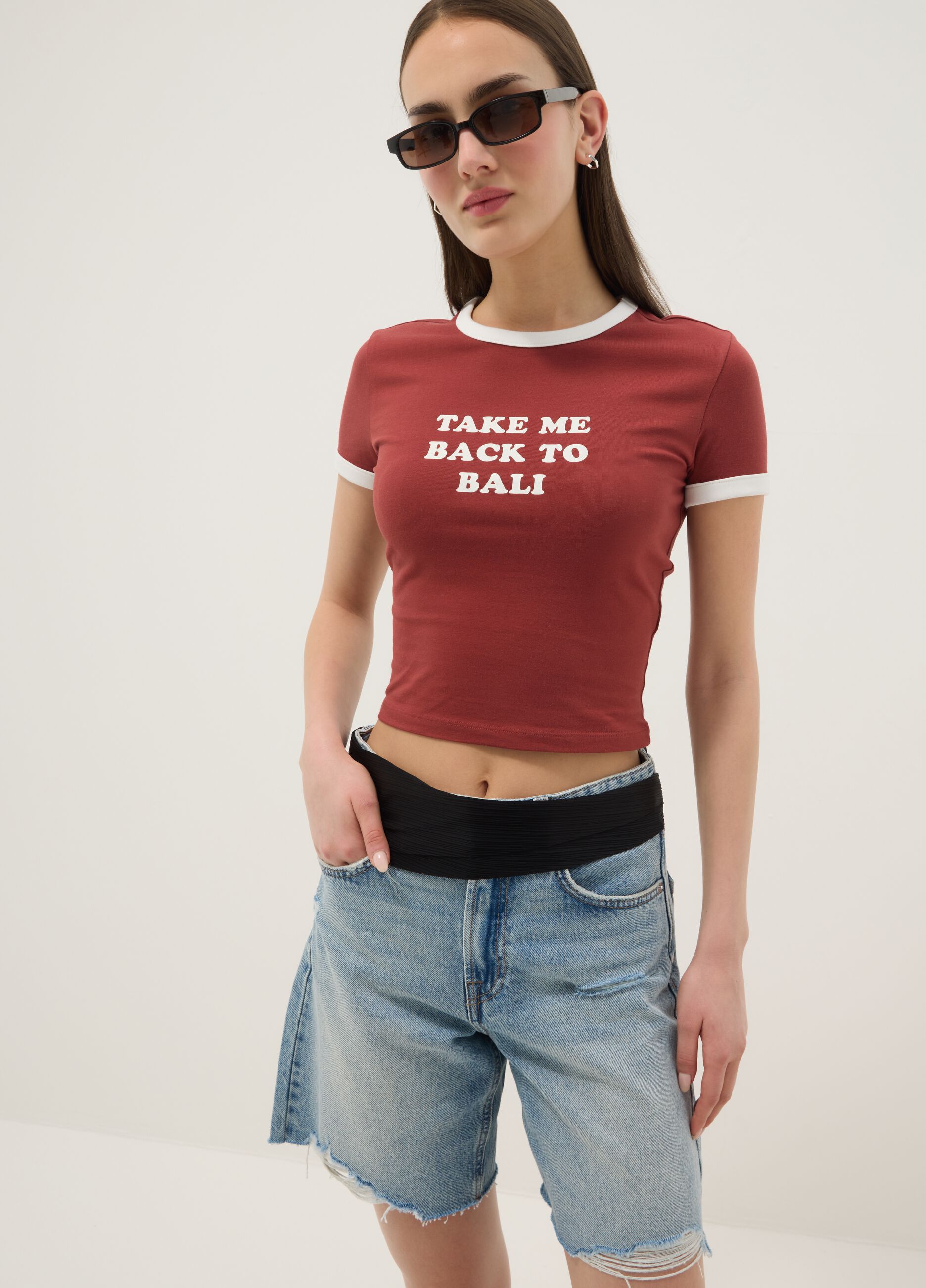 Rotes Regular-Fit T-Shirt aus Stretch-Baumwolle mit Print