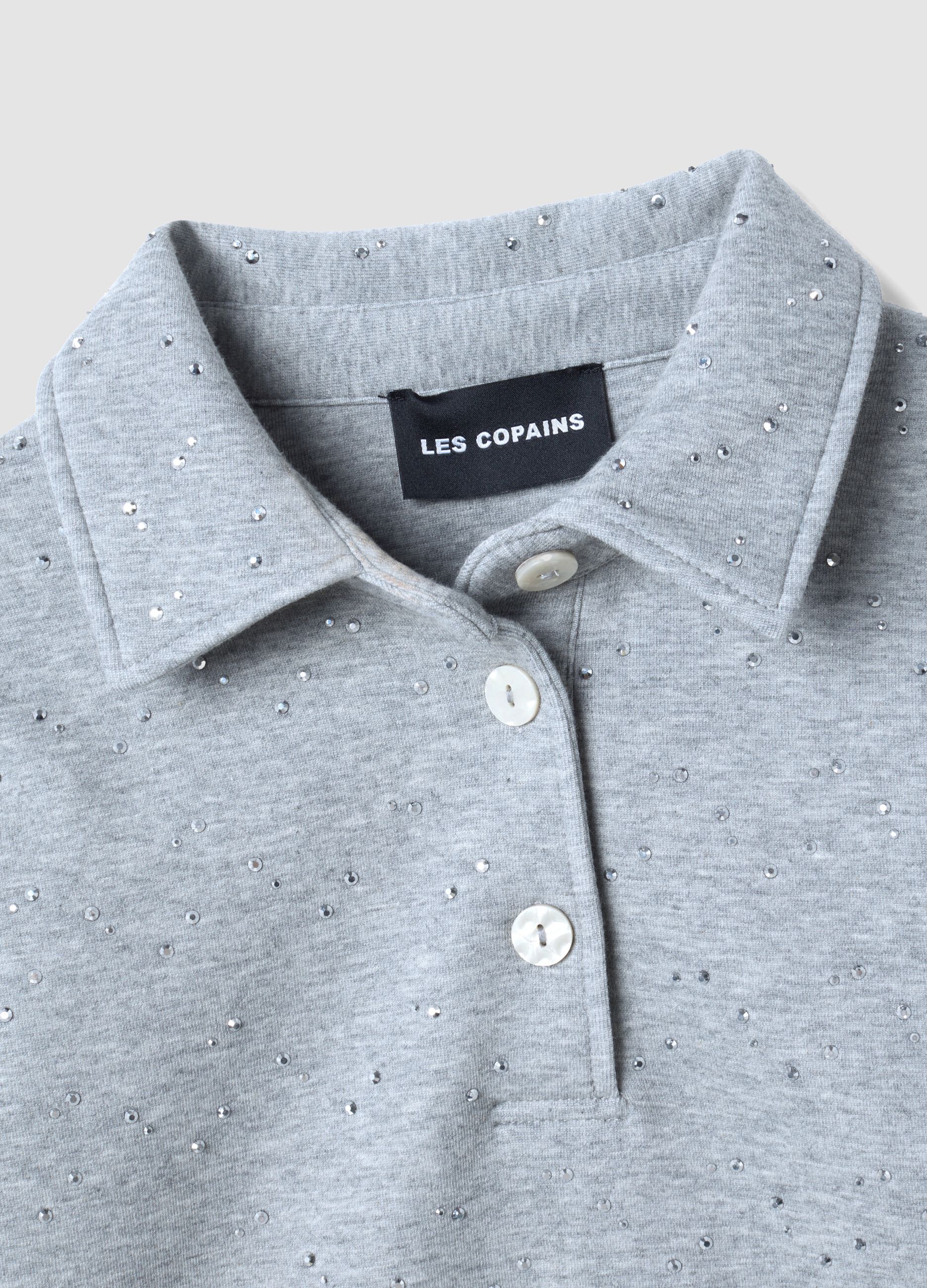 Graues Poloshirt aus Baumwollmischung mit Allover-Strass, Regular Fit