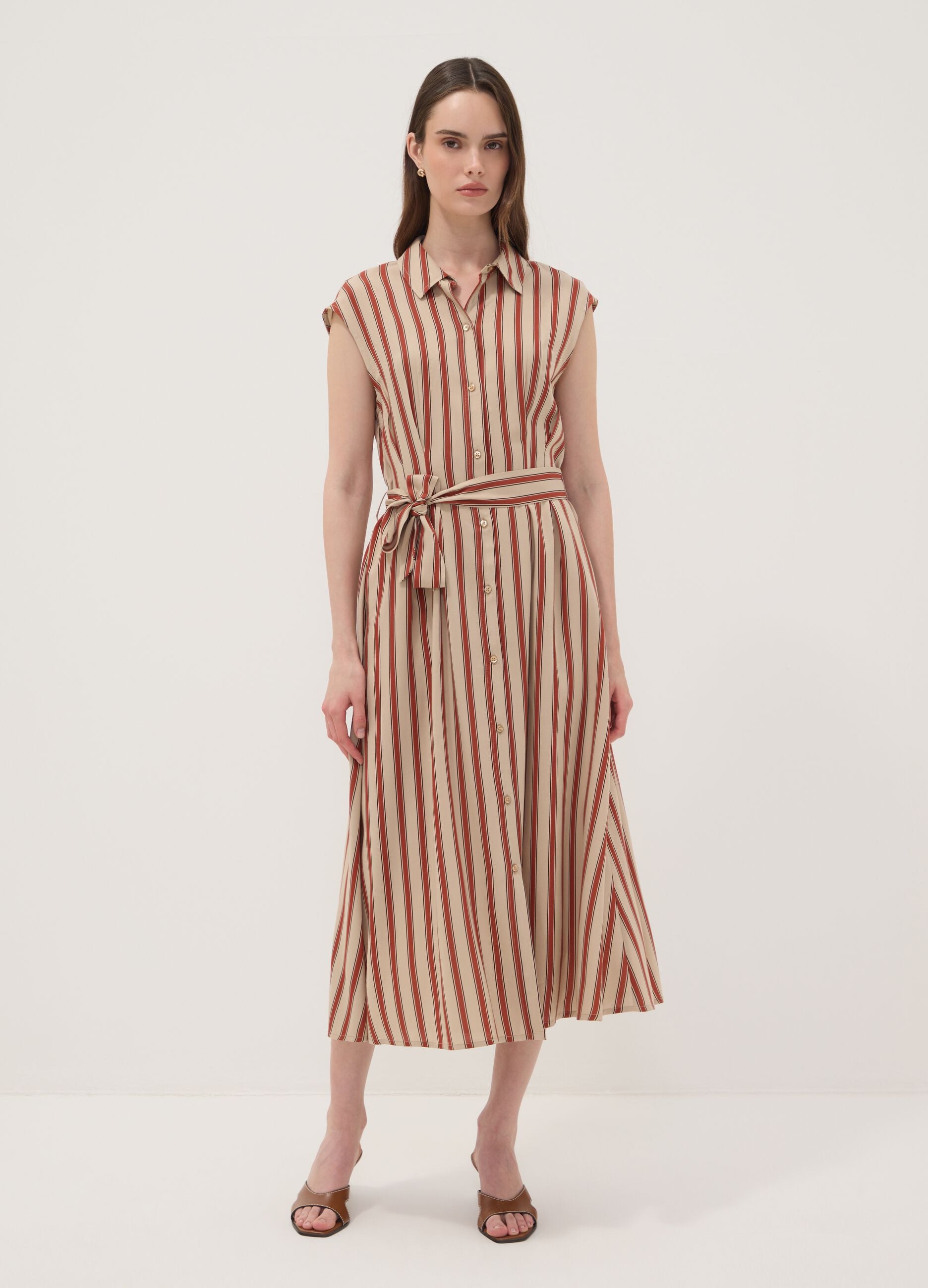 Multicolour pure viscose striped midi dress, regular fit