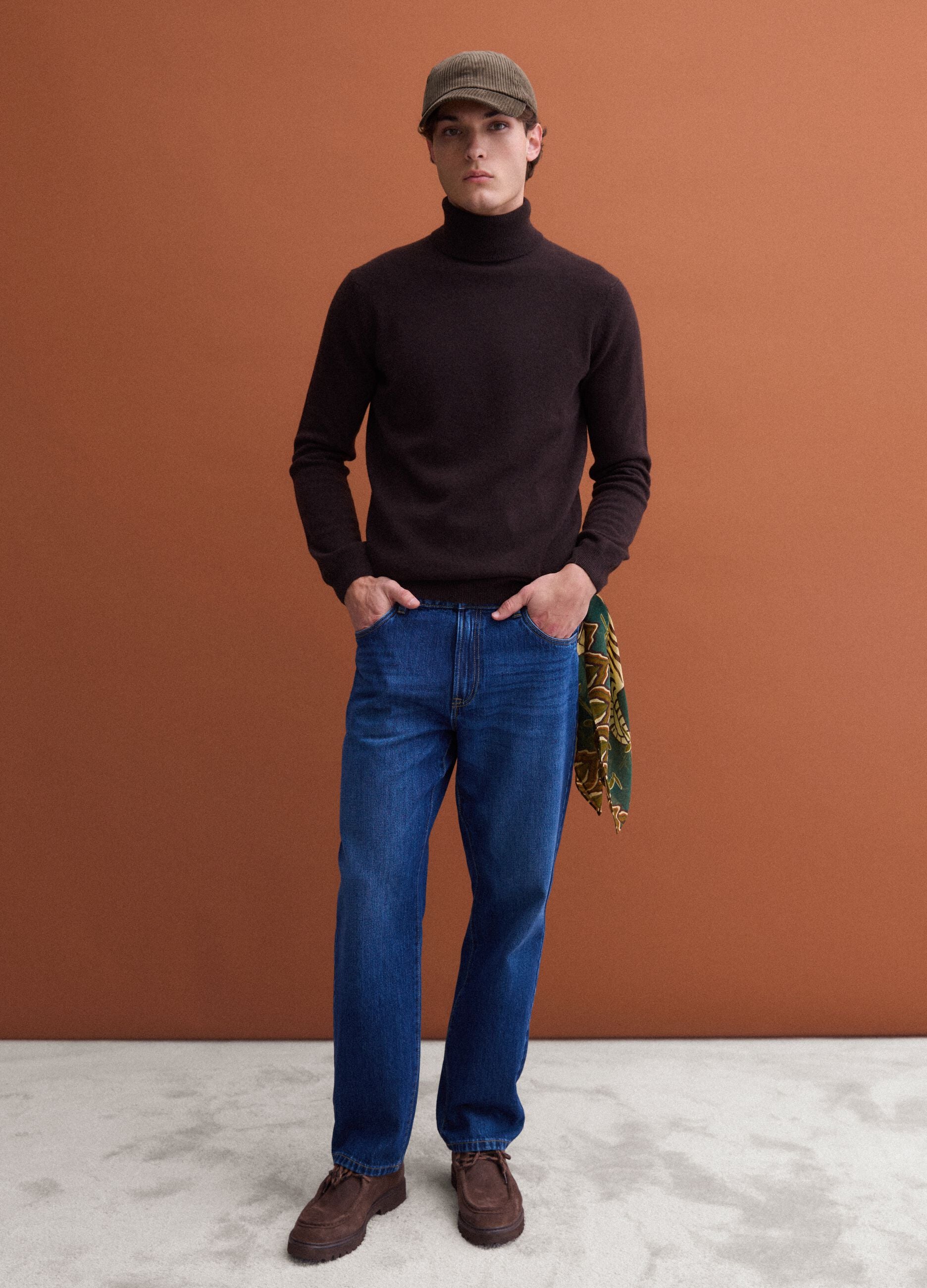 Brown pure lambswool roll-neck jumper
