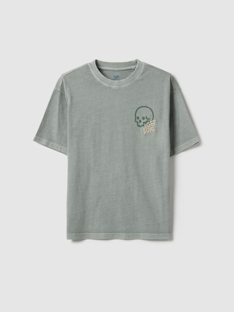 Boys' Green Pure Cotton Oversized Fit T-shirt with Skull_0