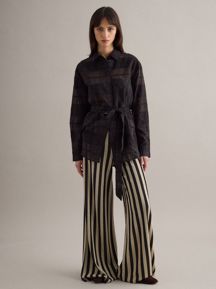 Black viscose blend oversized fit check semi-transparent shirt_2