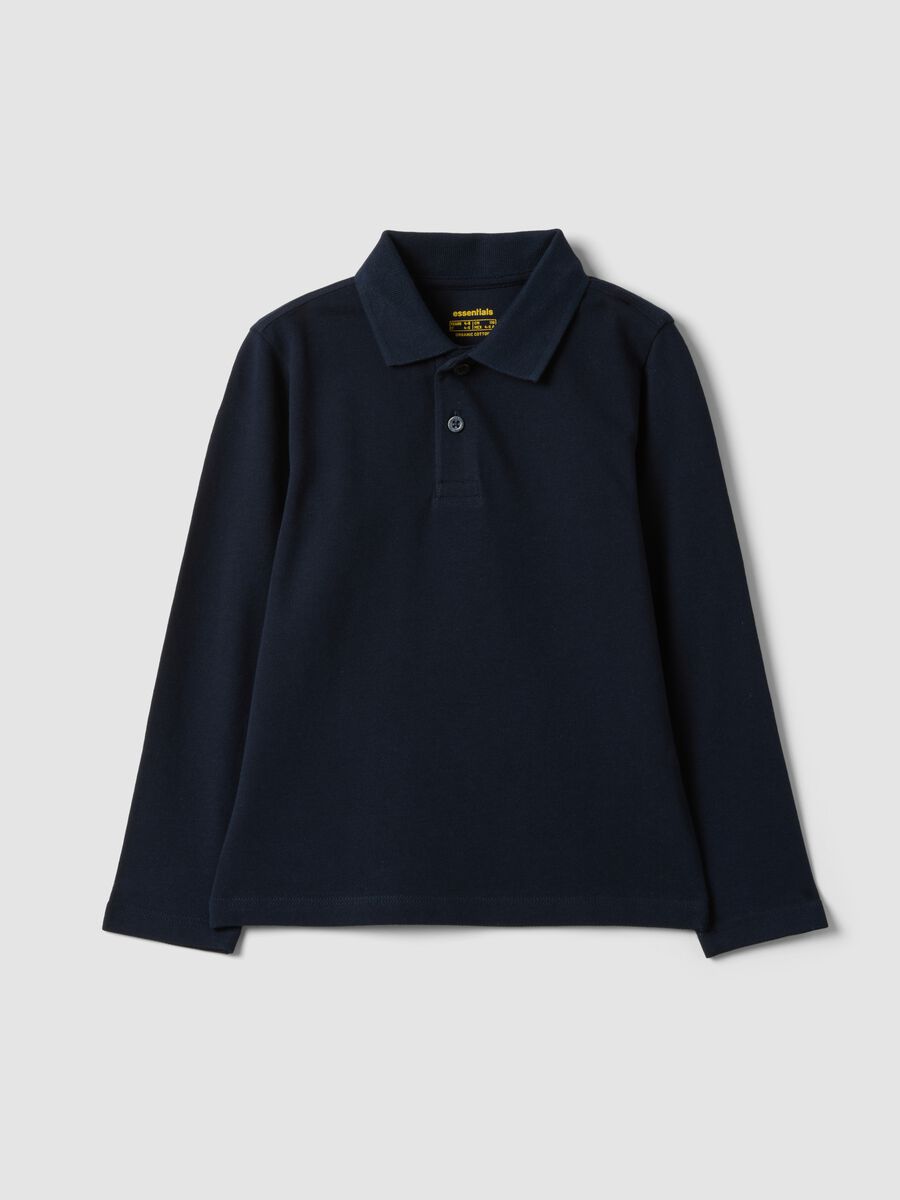 Blue long-sleeve polo in pure organic cotton, regular fit, for boys_0